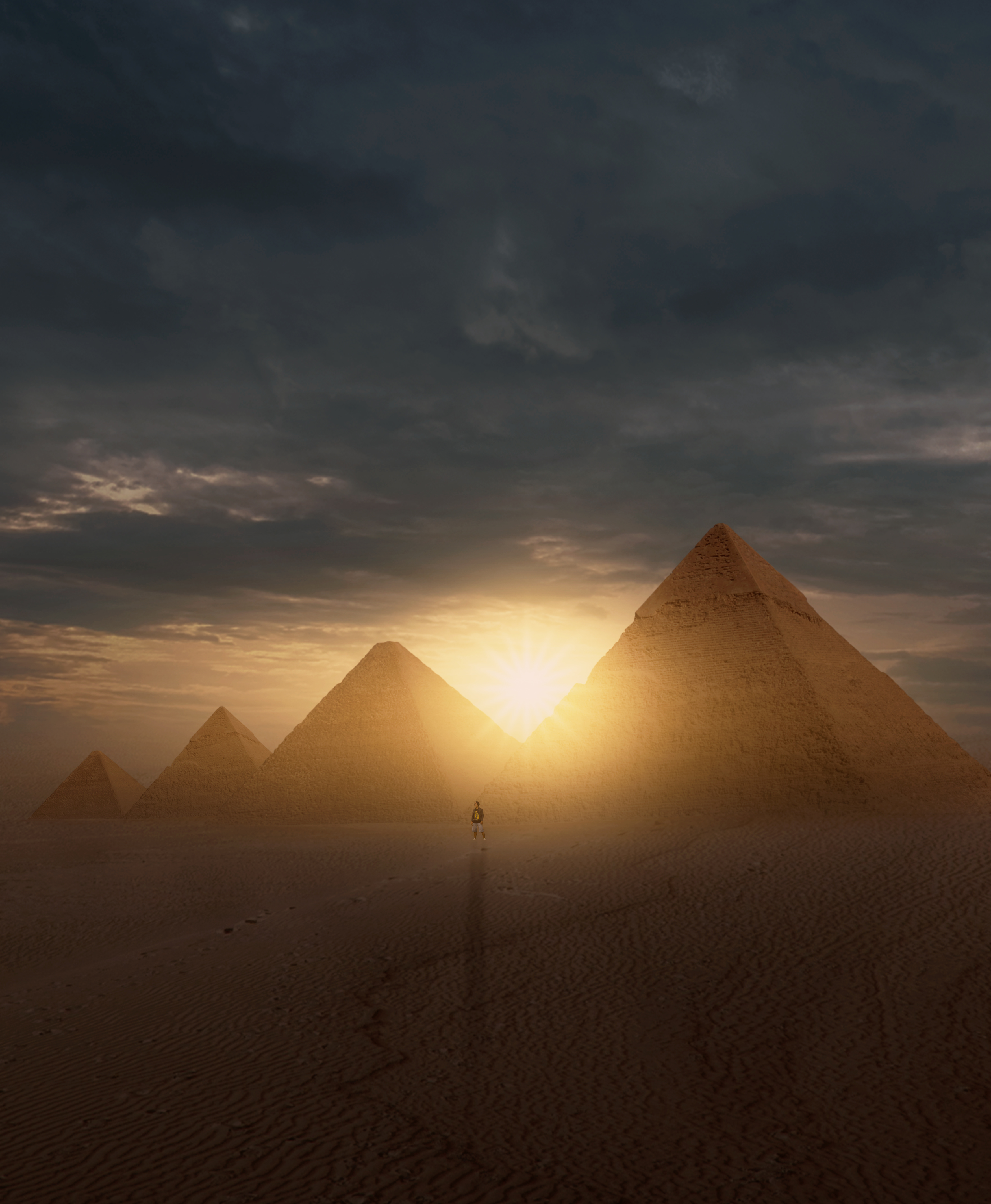 pyramids, sunset, sun, desert, silhouette, miscellanea, miscellaneous