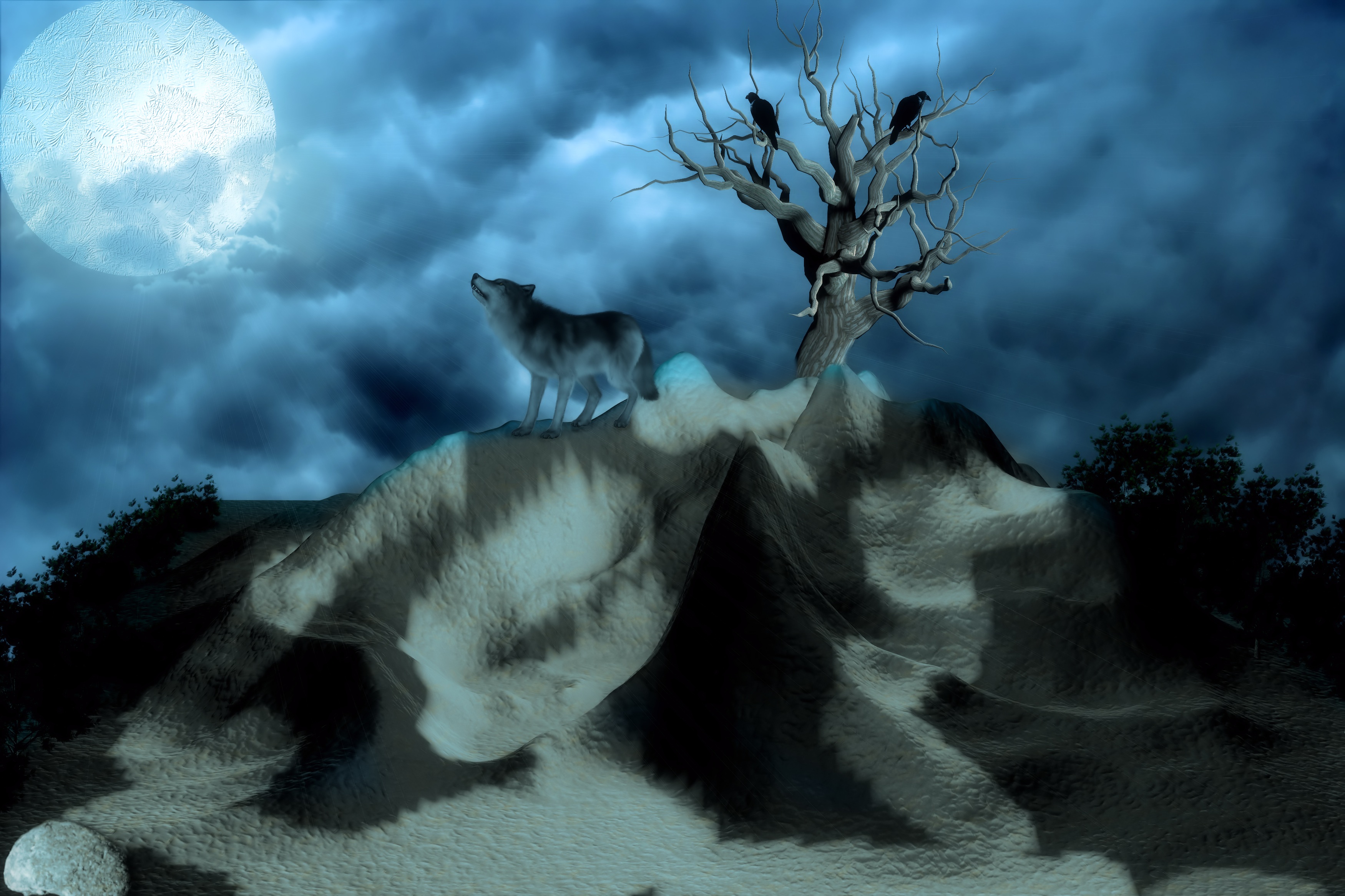 Download mobile wallpaper Hills, Lonely, Night, Wolf, Birds, 3D, Alone for free.