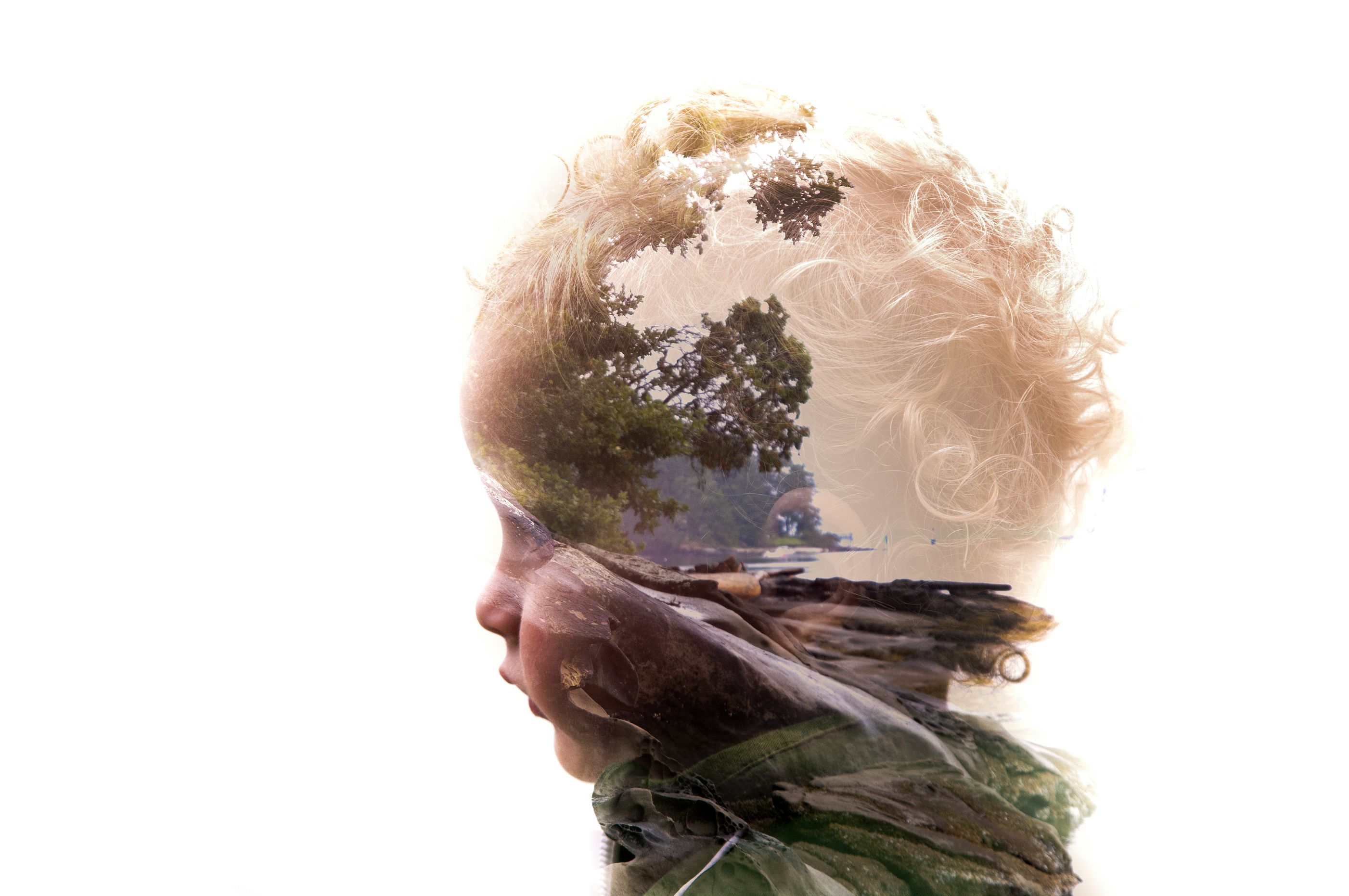 Download mobile wallpaper Double Exposure, Profile, Nature, Child, Art, Face for free.