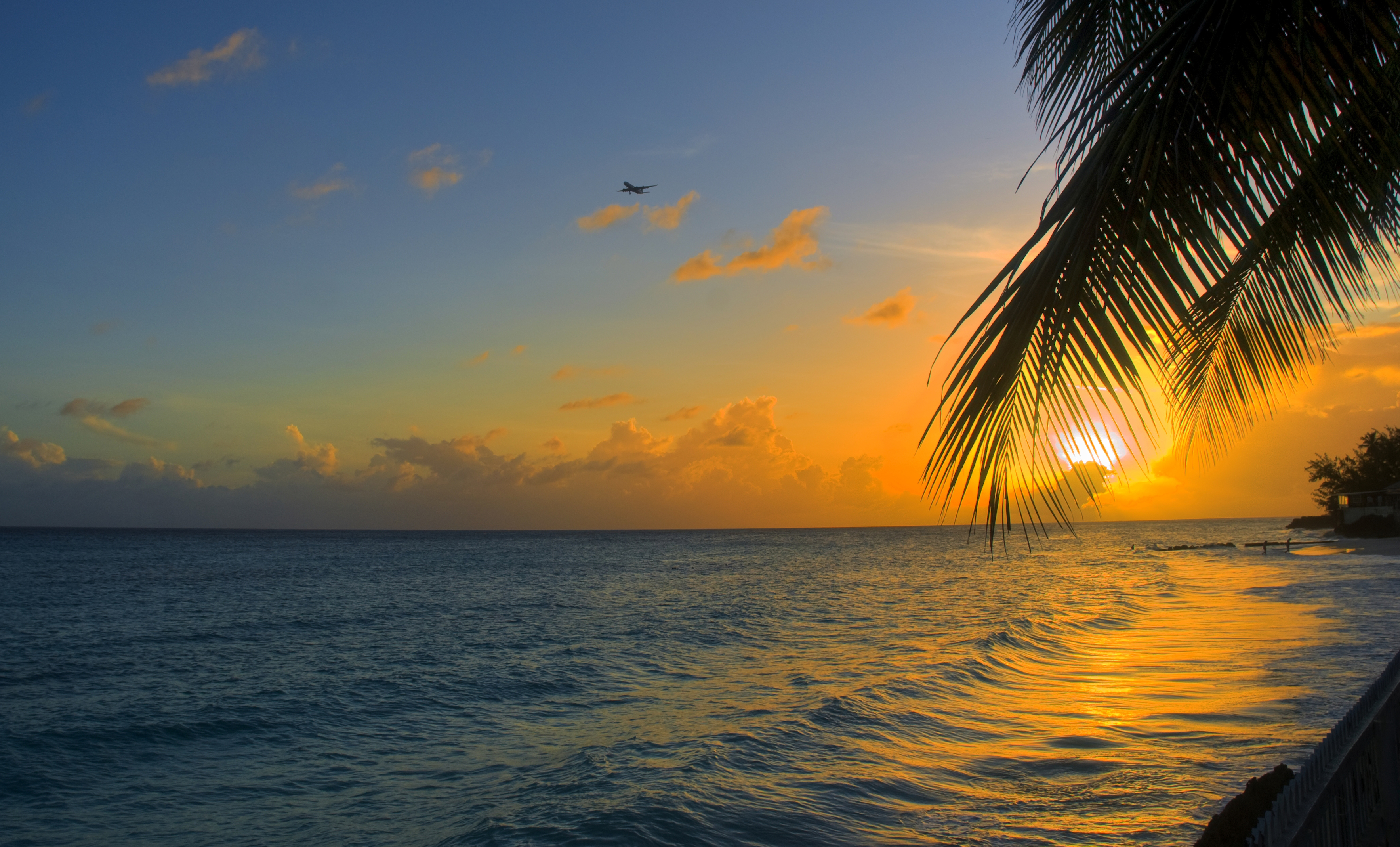 Download mobile wallpaper Barbados, Shore, Bank, Palm, Nature, Ocean, Sunset for free.