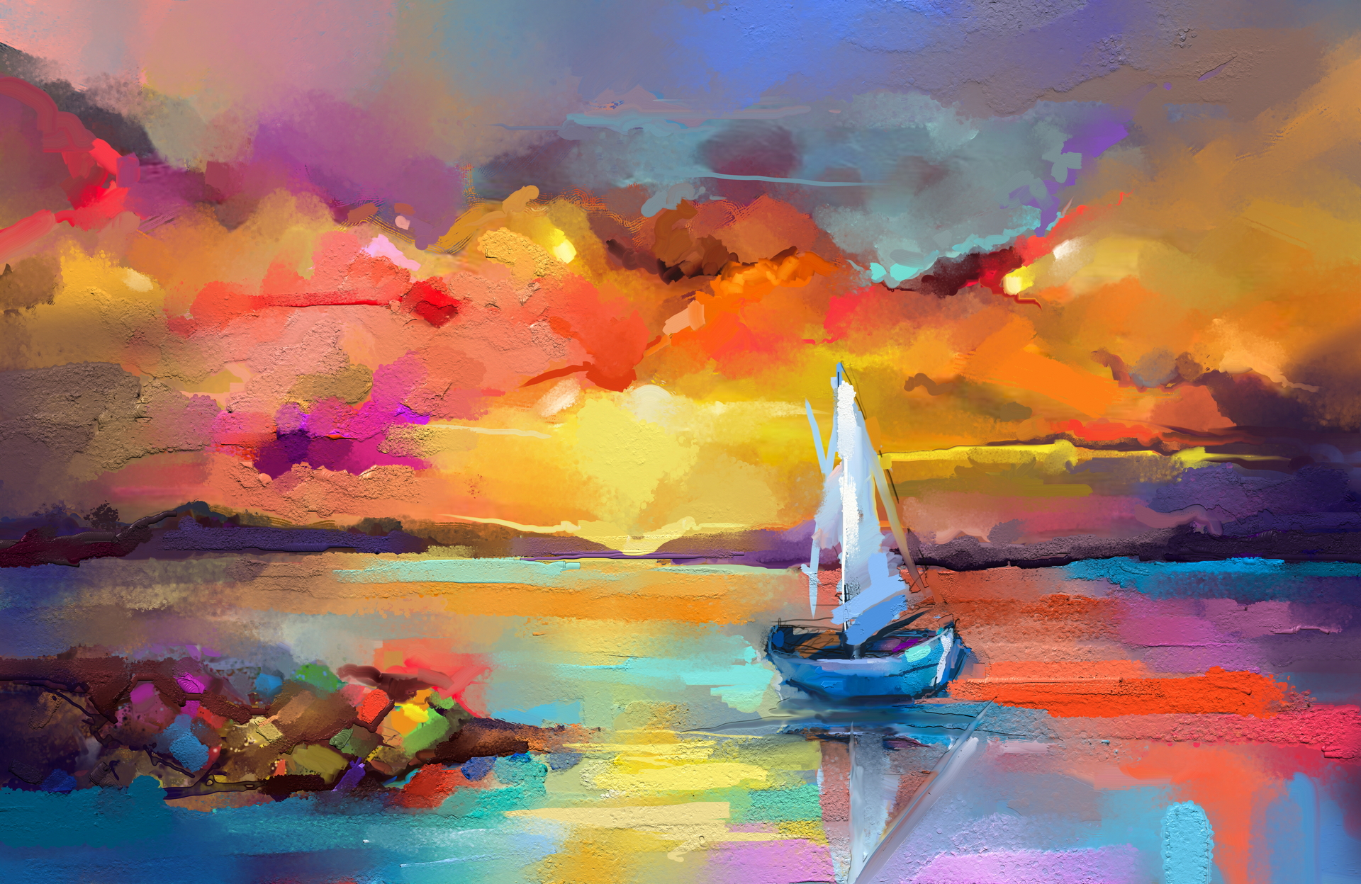 artistic, painting, boat, dawn, paint, sail, sea mobile wallpaper