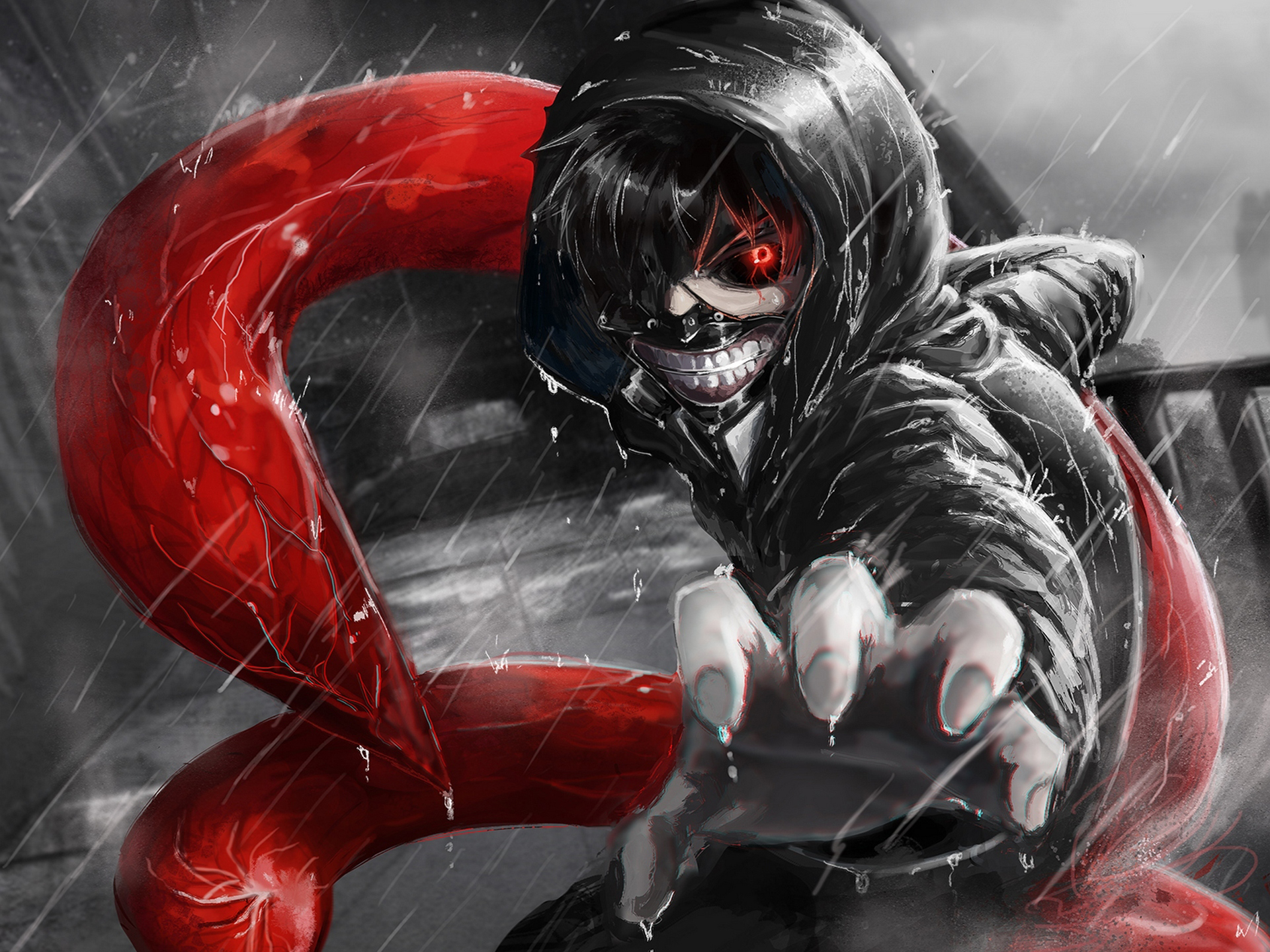 Mobile wallpaper anime, red eyes, rain, tokyo ghoul, black hair, mask, ken kaneki, kagune (tokyo ghoul), hoodie