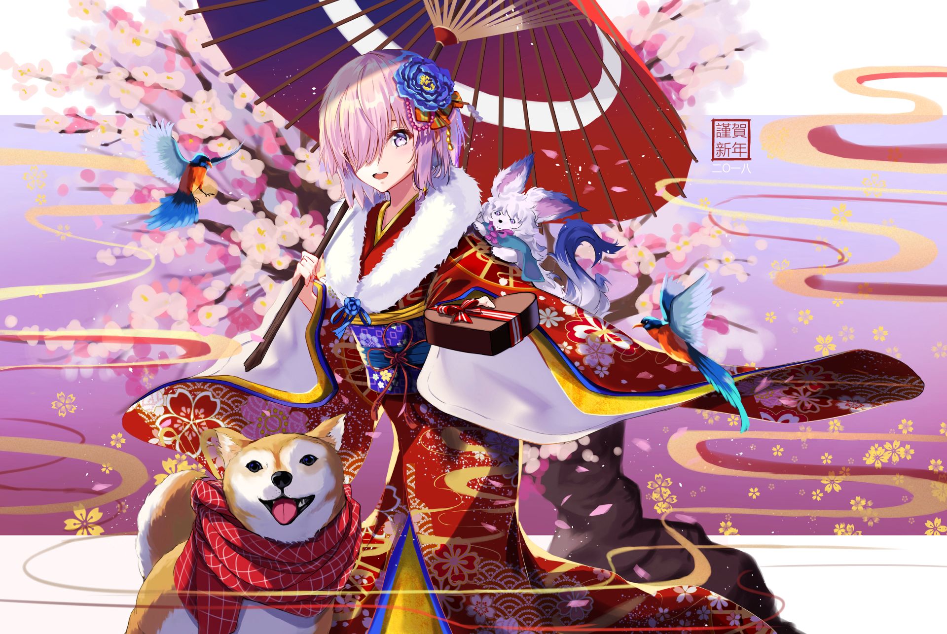 Download mobile wallpaper Anime, Dog, Smile, Blue Eyes, Cherry Blossom, Pink Hair, Blush, Short Hair, Japanese Clothes, Fate/grand Order, Mashu Kyrielight, Shielder (Fate/grand Order), Fou (Fate/grand Order), Fate Series for free.