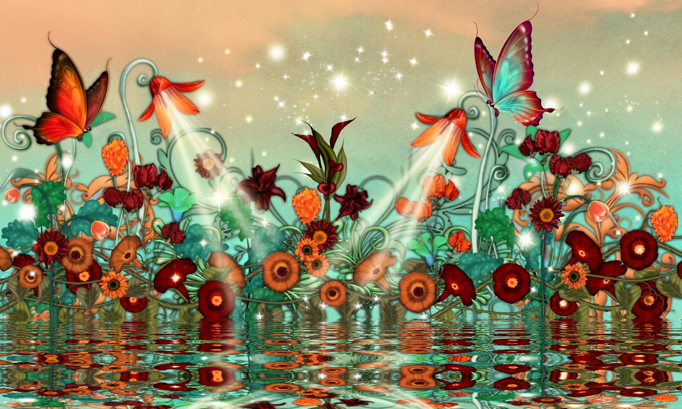 artistic, fantasy, butterfly, maroon, orange (color), teal, water