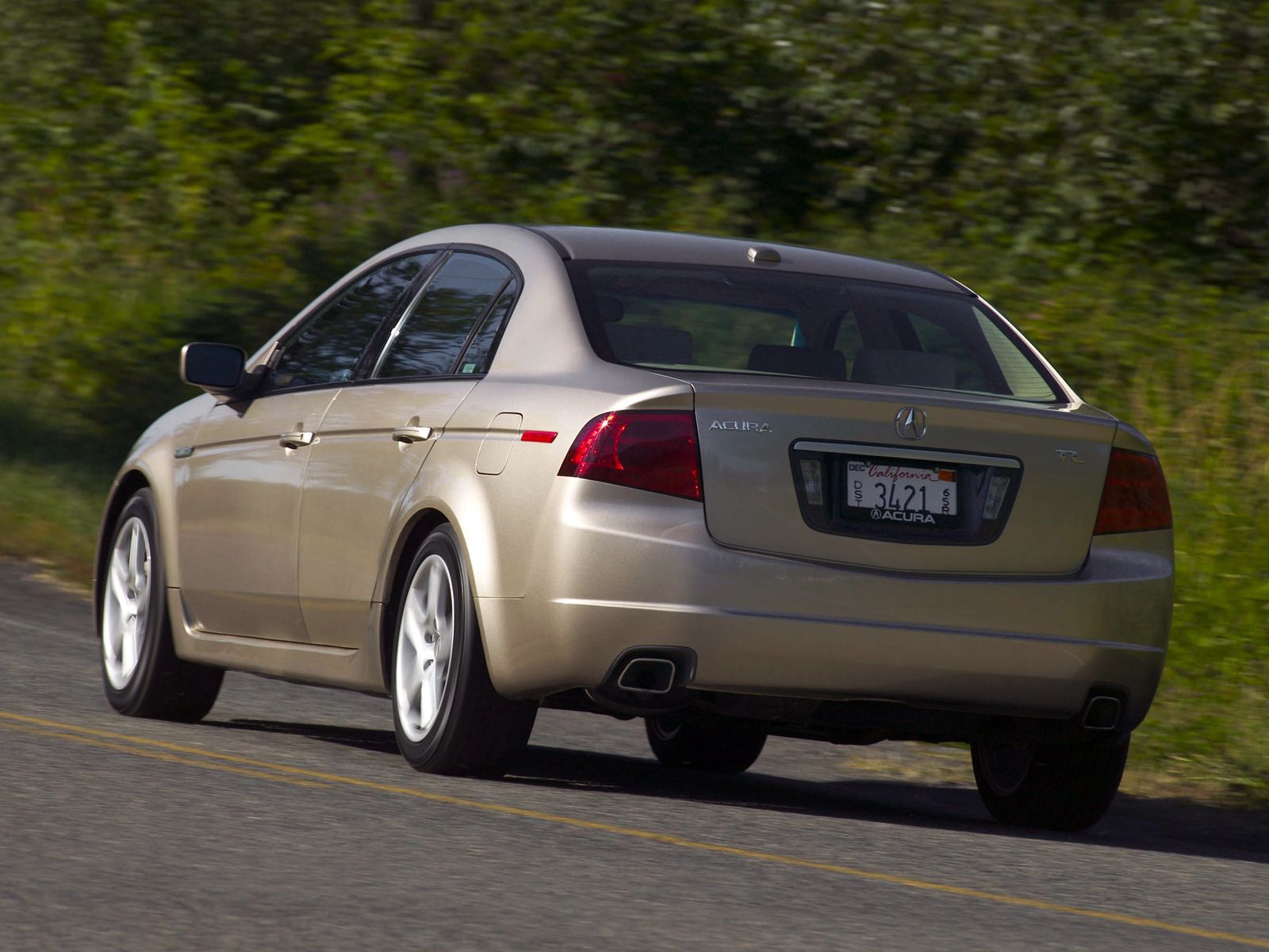 auto, trees, acura, cars, asphalt, back view, rear view, speed, style, akura, tl, 2004, beige metallic