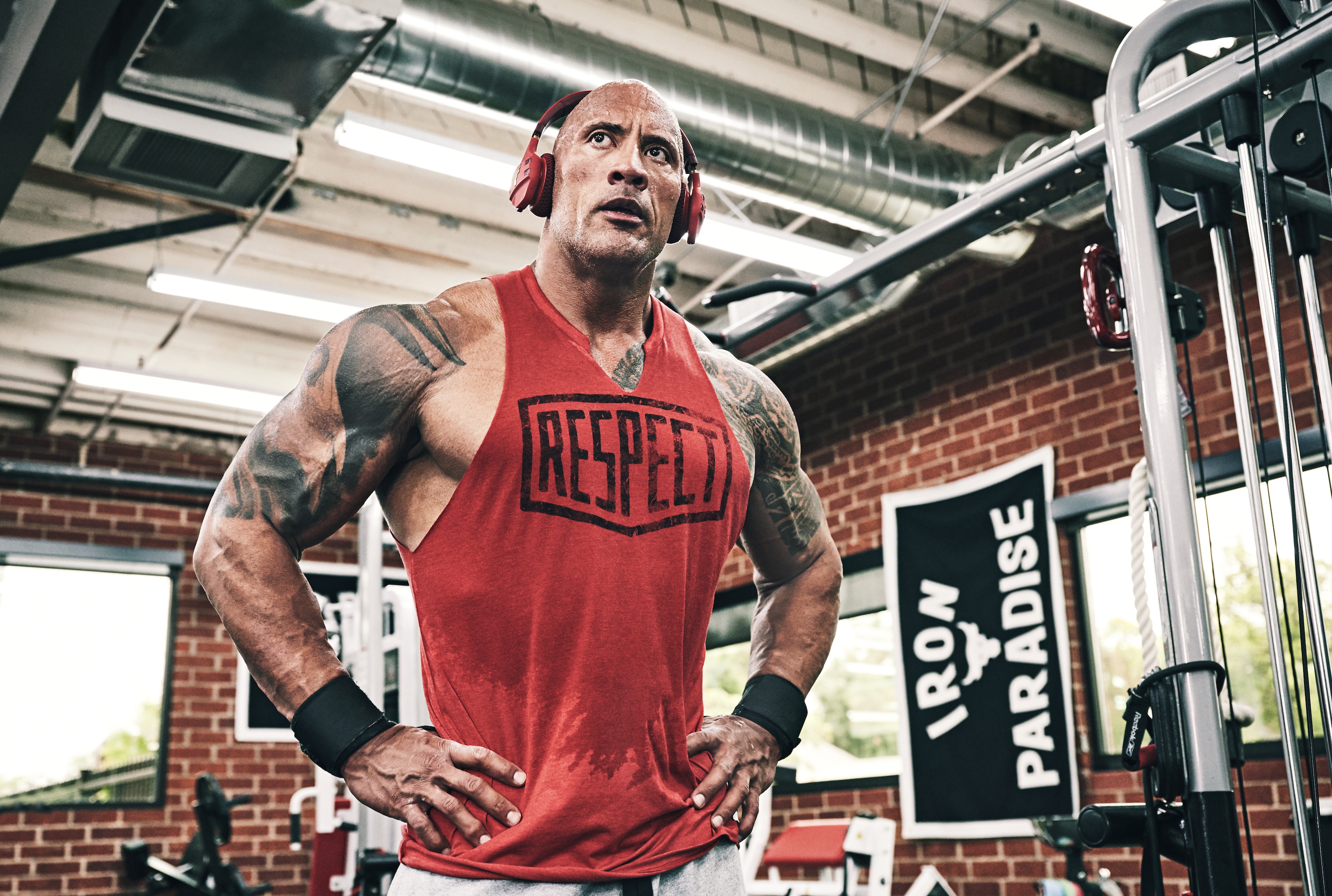 muscle, dwayne johnson, celebrity, actor, american, headphones, tattoo wallpaper for mobile