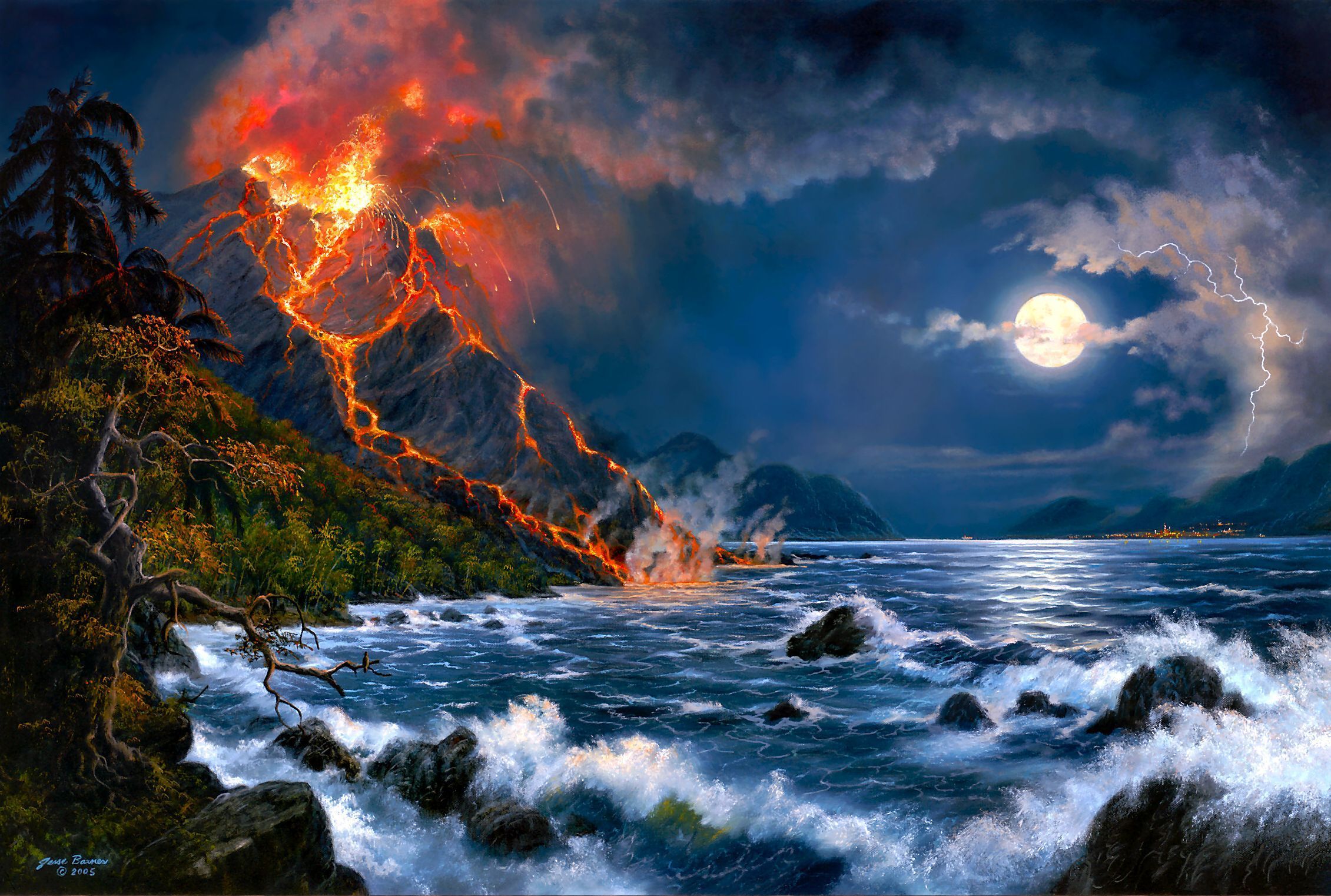 artistic, cloud, eruption, lightning, moon, night, ocean, sky, volcano, wave