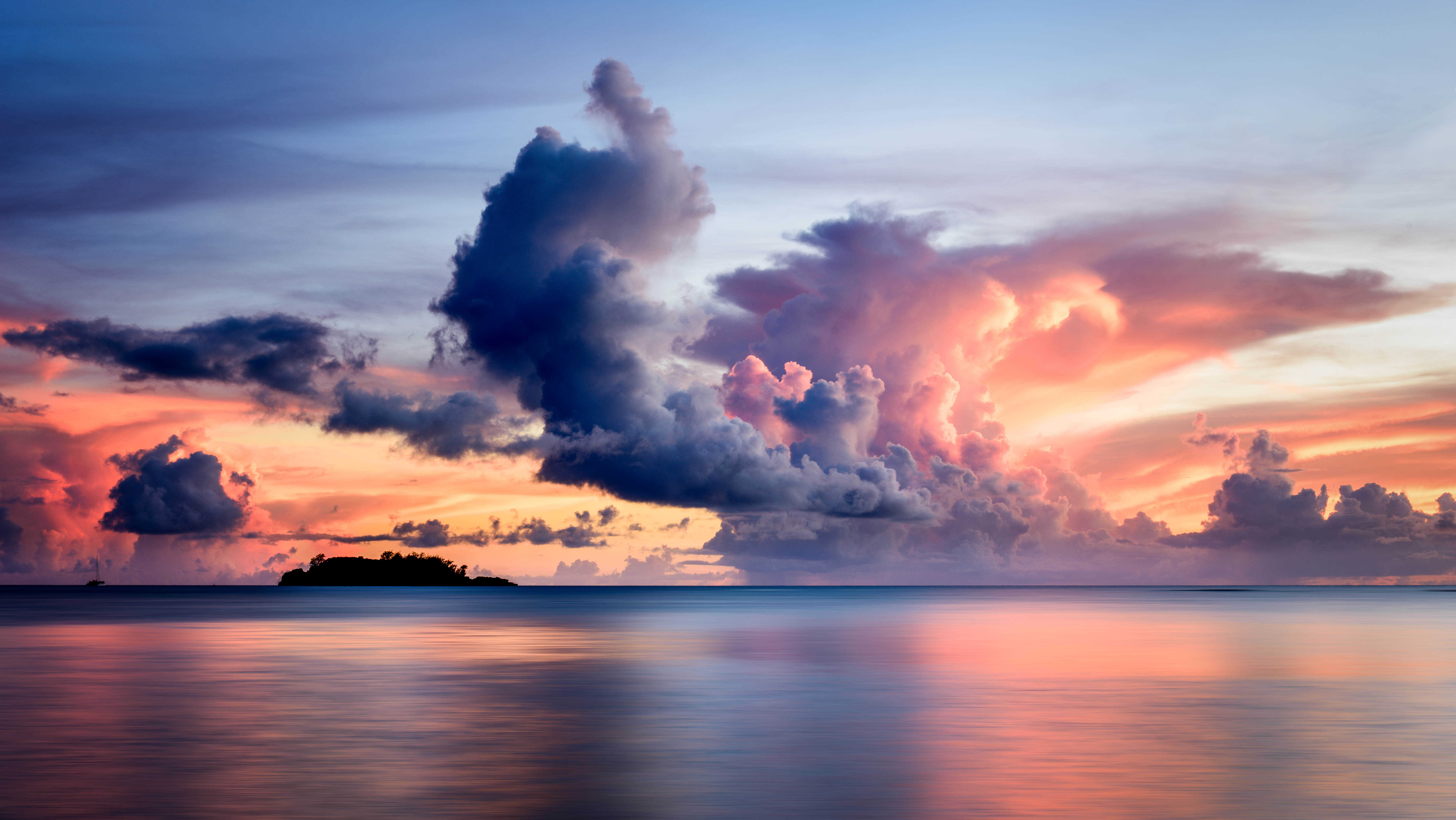 clouds, horizon, nature, island, sky, sunset, sea Phone Background