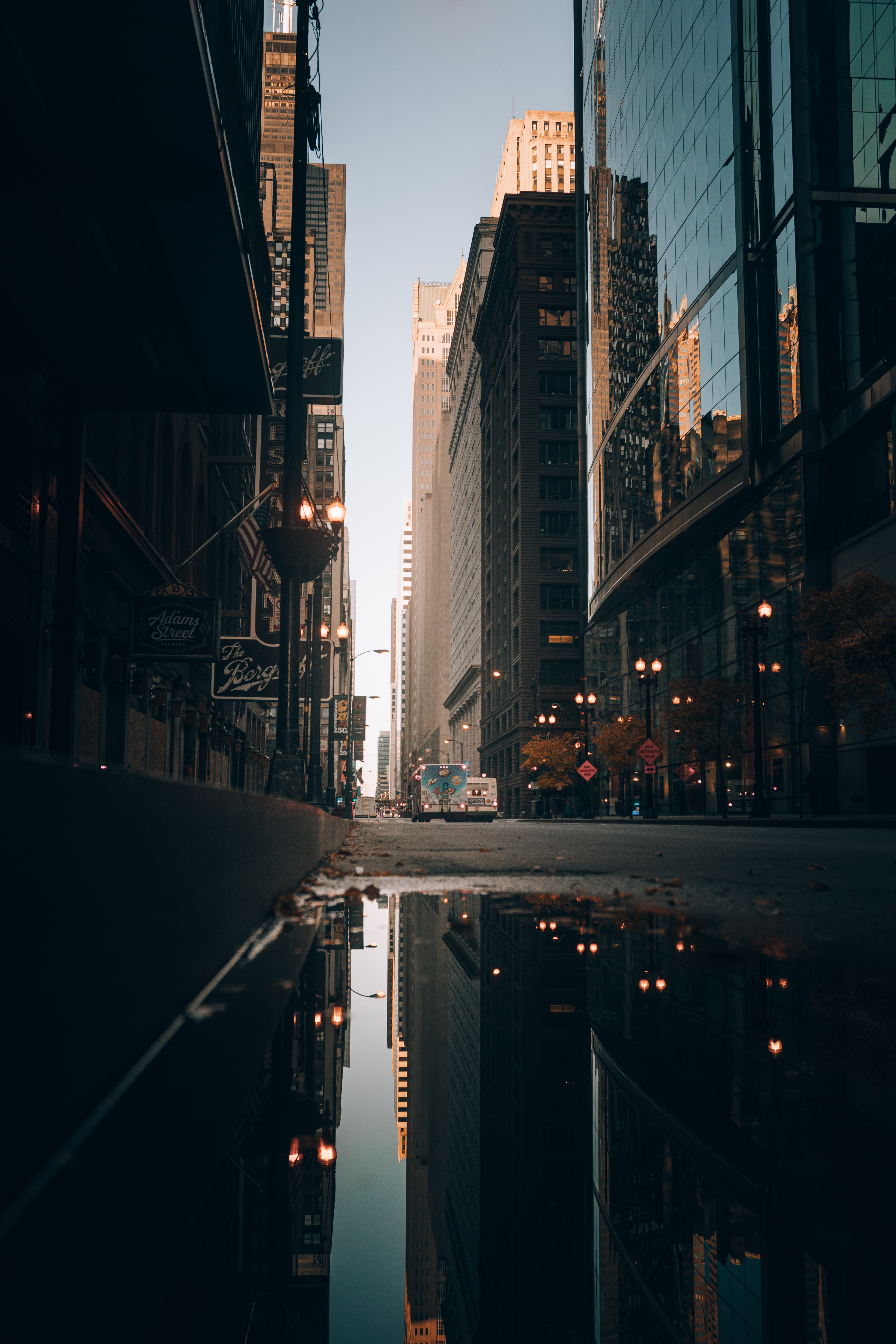 Download mobile wallpaper Reflection, Puddle, City, Building, Cities, Street for free.
