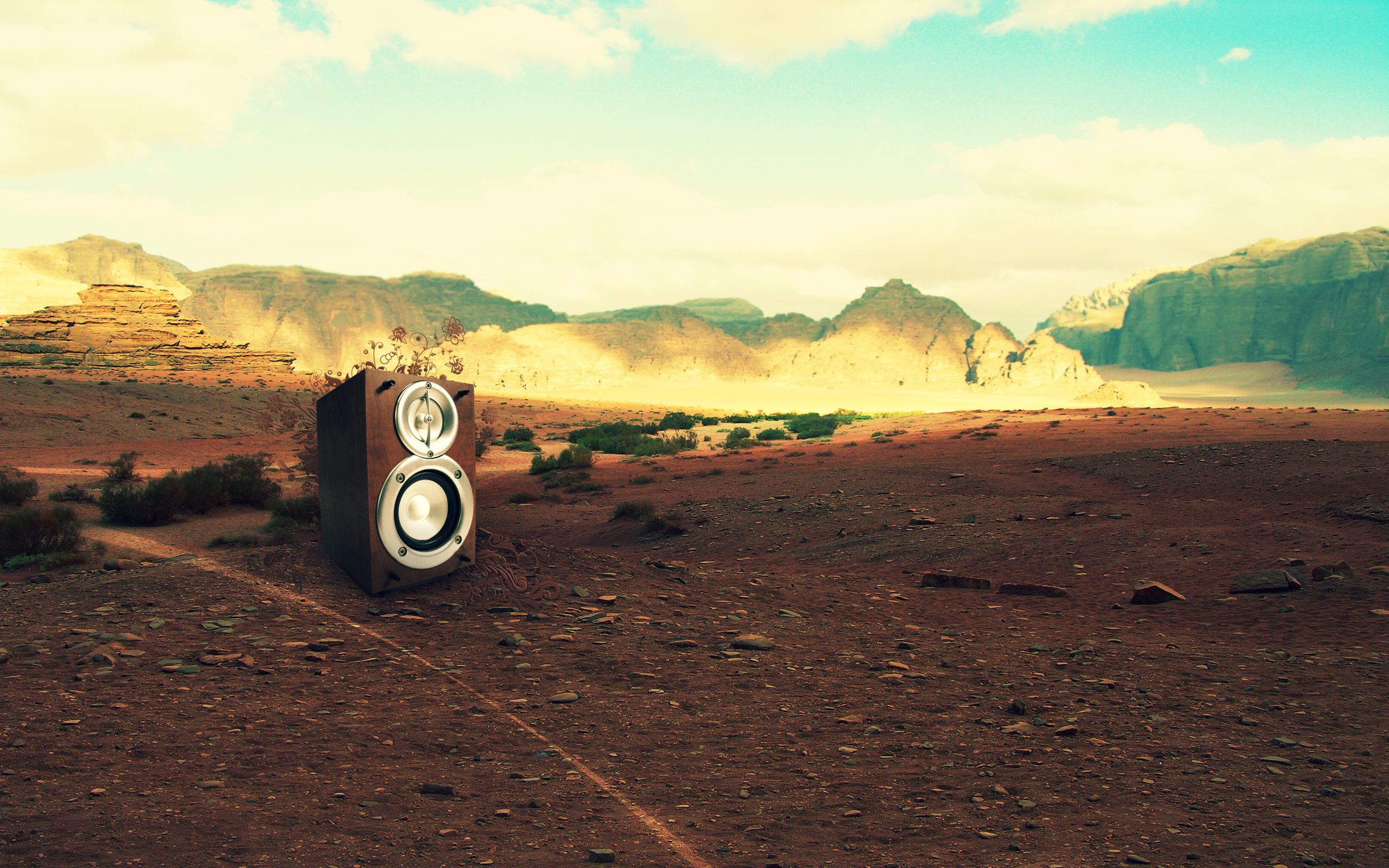 music, speakers, desert, mountain