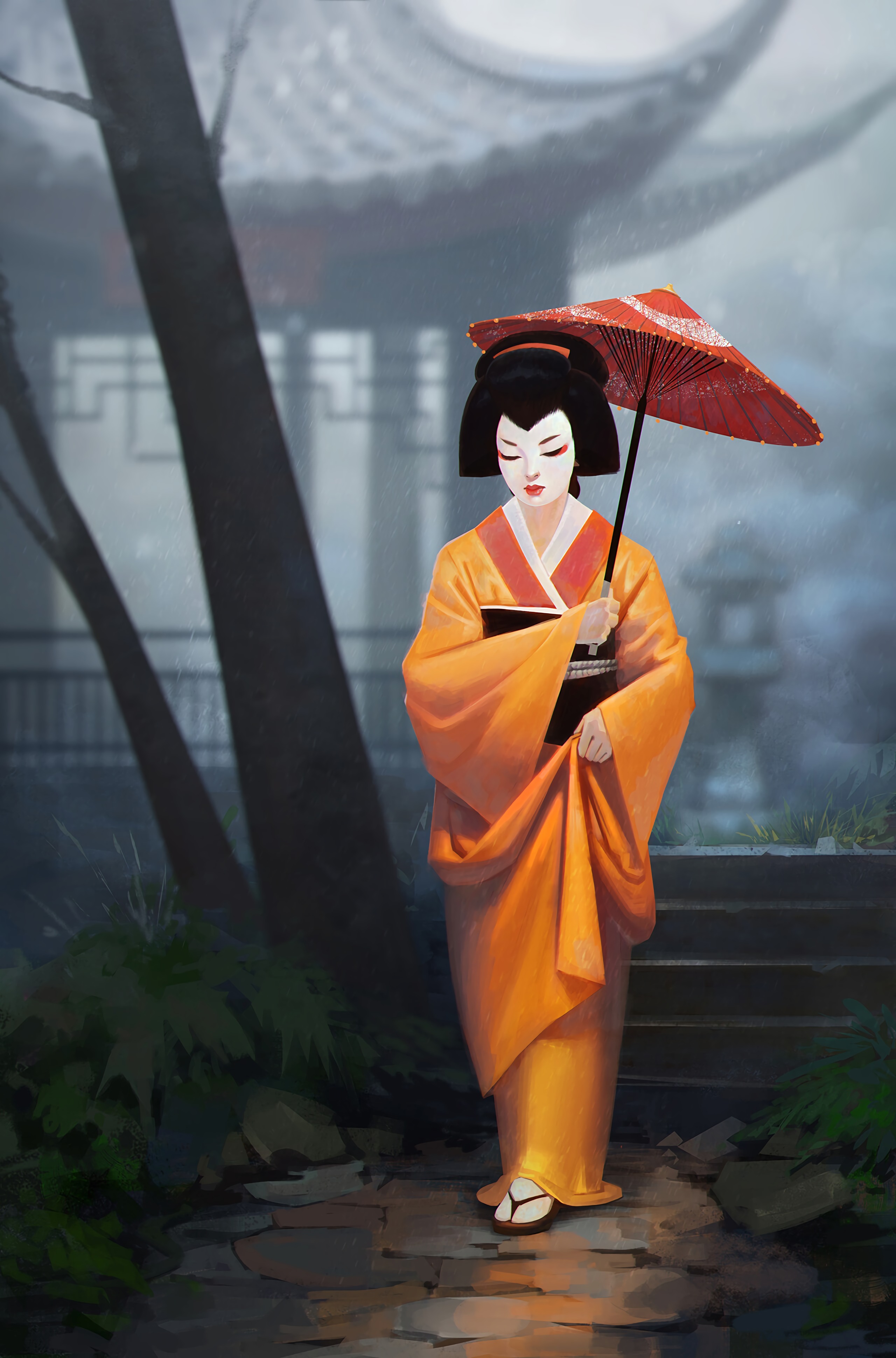 Free download wallpaper Geisha, Umbrella, Kimono, Girl, Art on your PC desktop