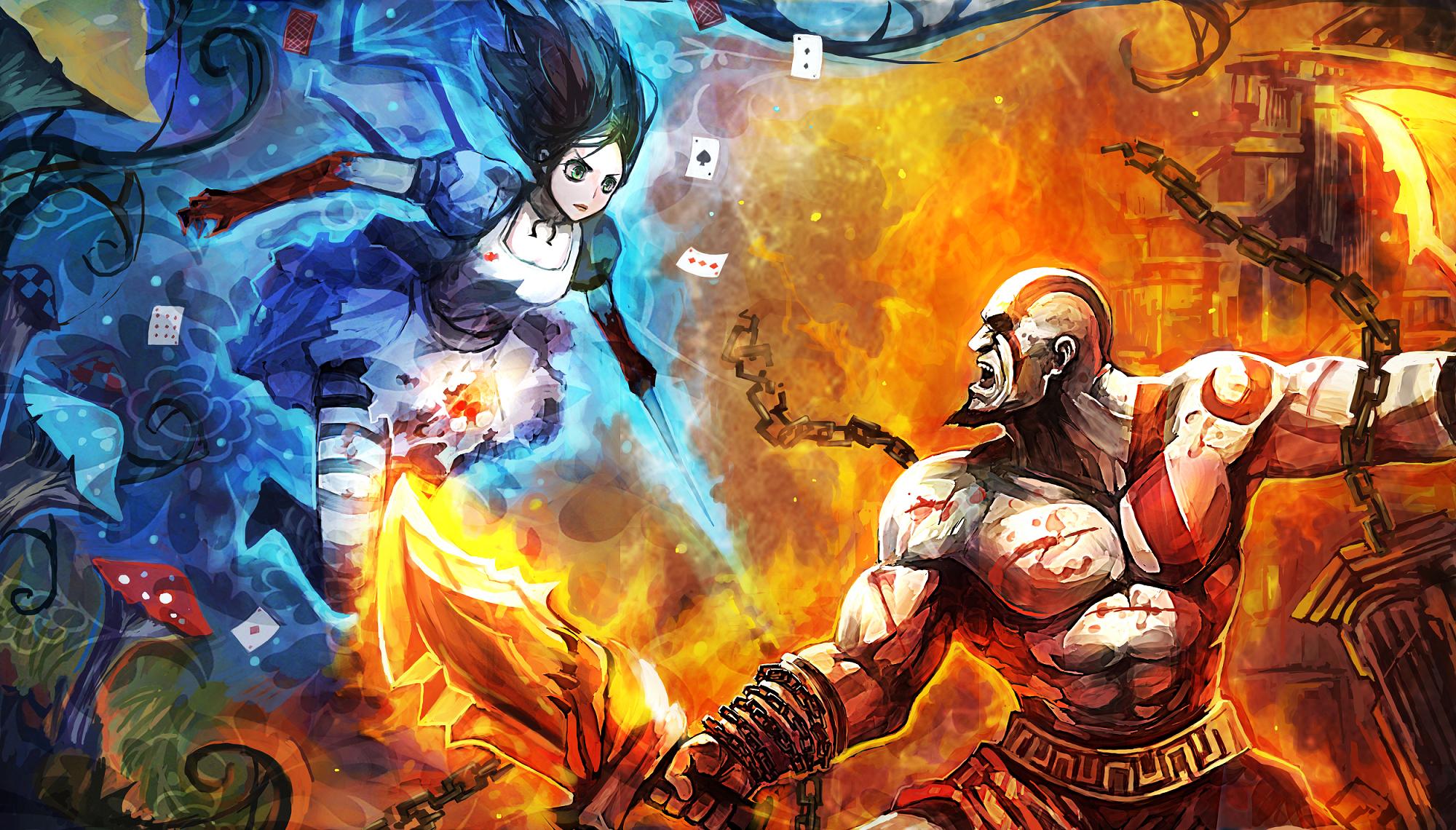 Free download wallpaper God Of War, Alice: Madness Returns, Crossover, Video Game, Kratos (God Of War), Alice Liddell on your PC desktop