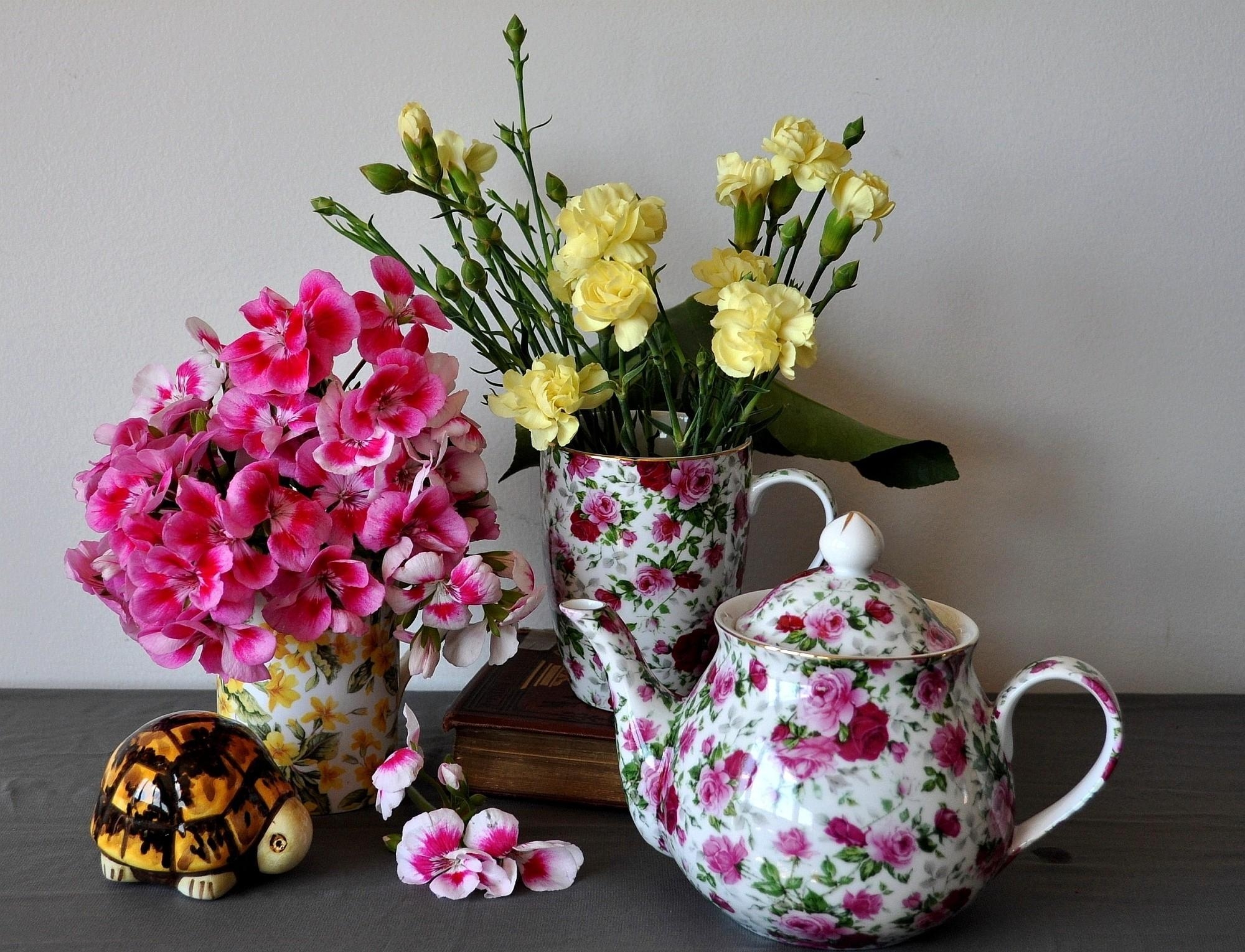 turtle, flowers, carnations, geranium, bug, porcelain Full HD