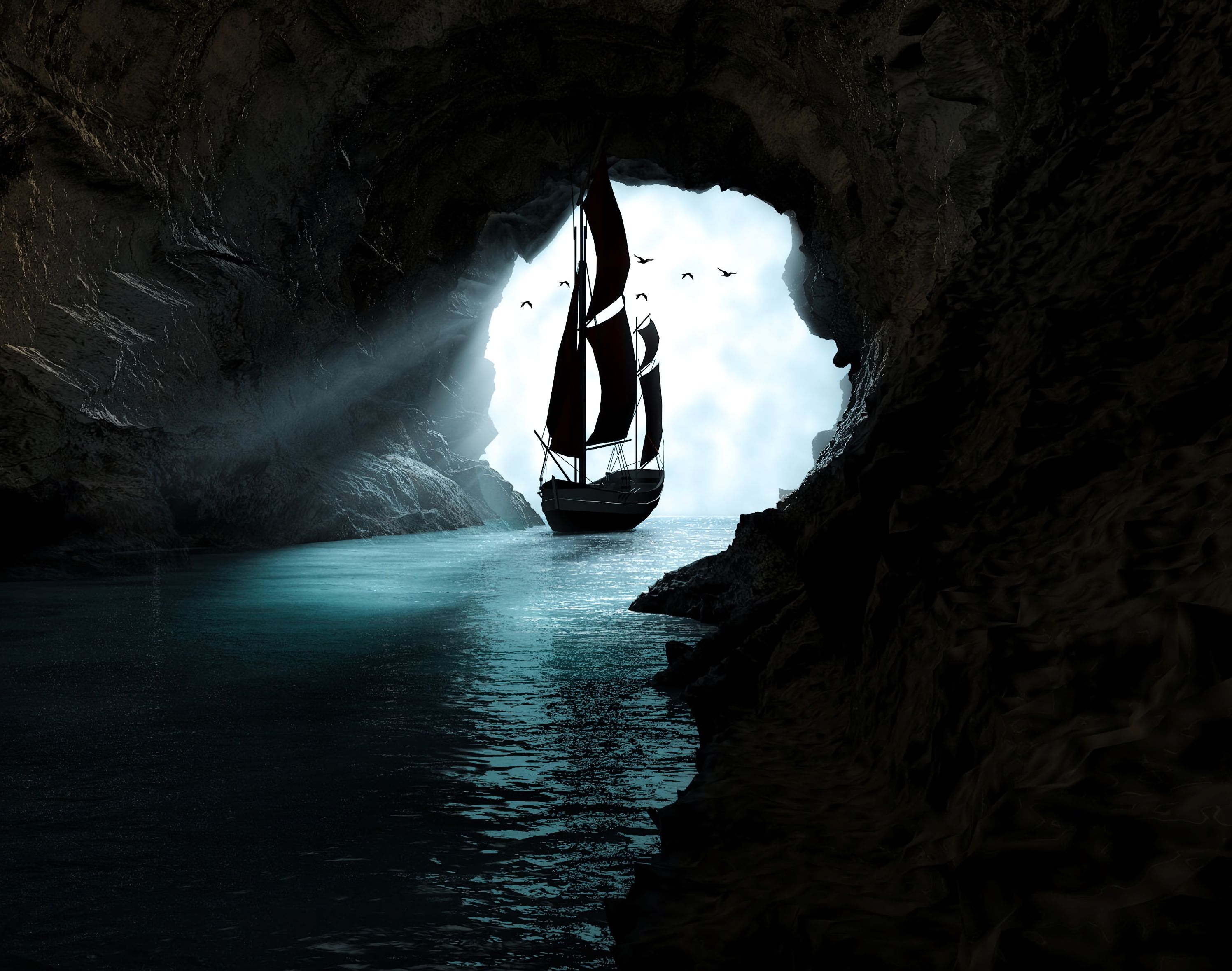 dark, art, boat, cave, water 2160p