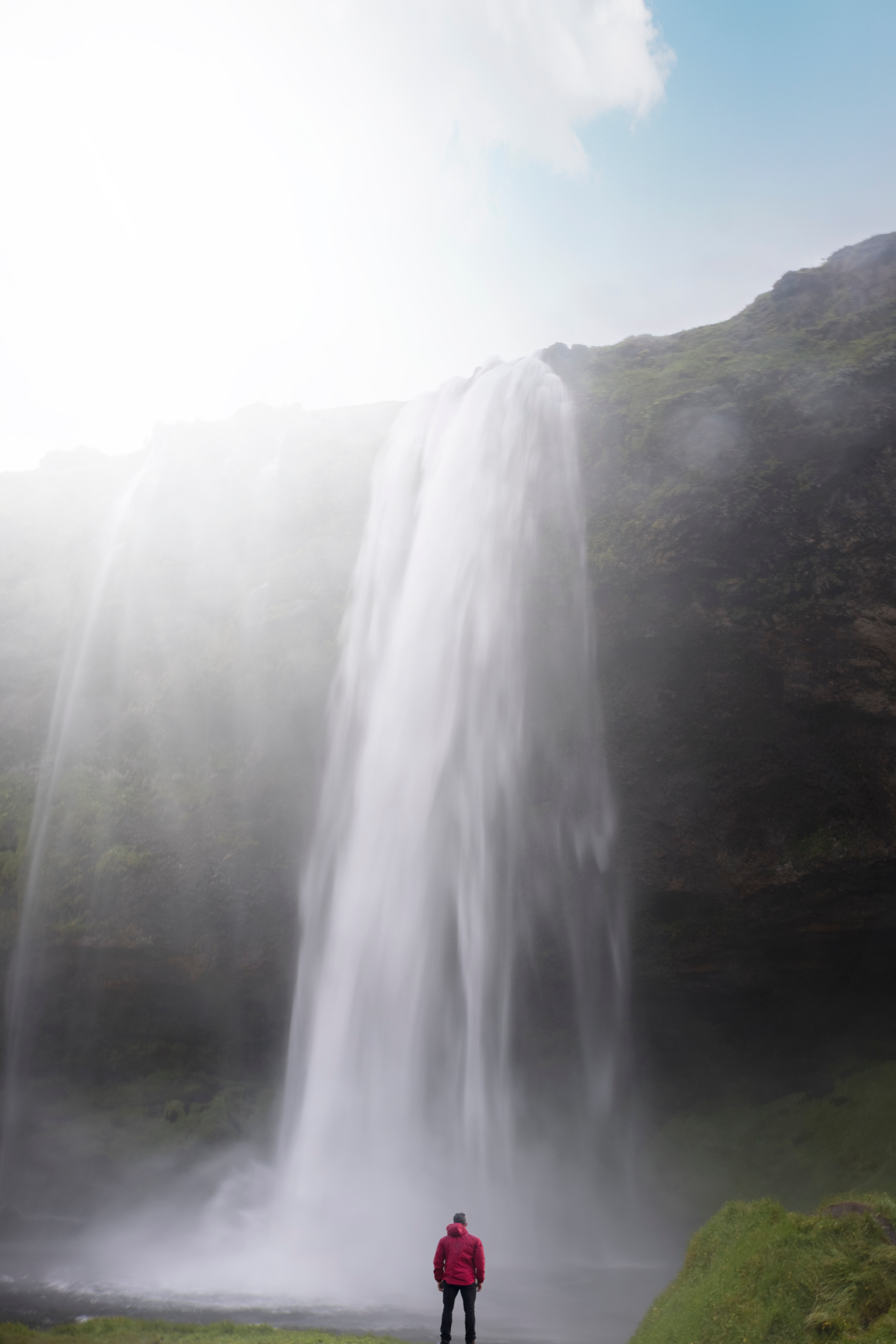 nature, waterfall, spray, break, precipice, human, person, sunlight