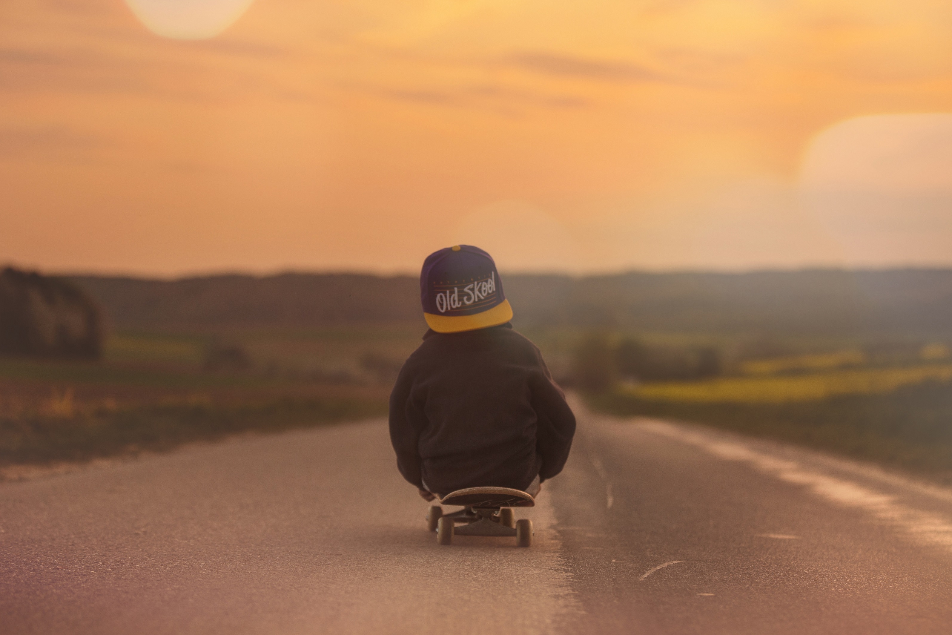 skateboard, photography, child, hat, road HD wallpaper