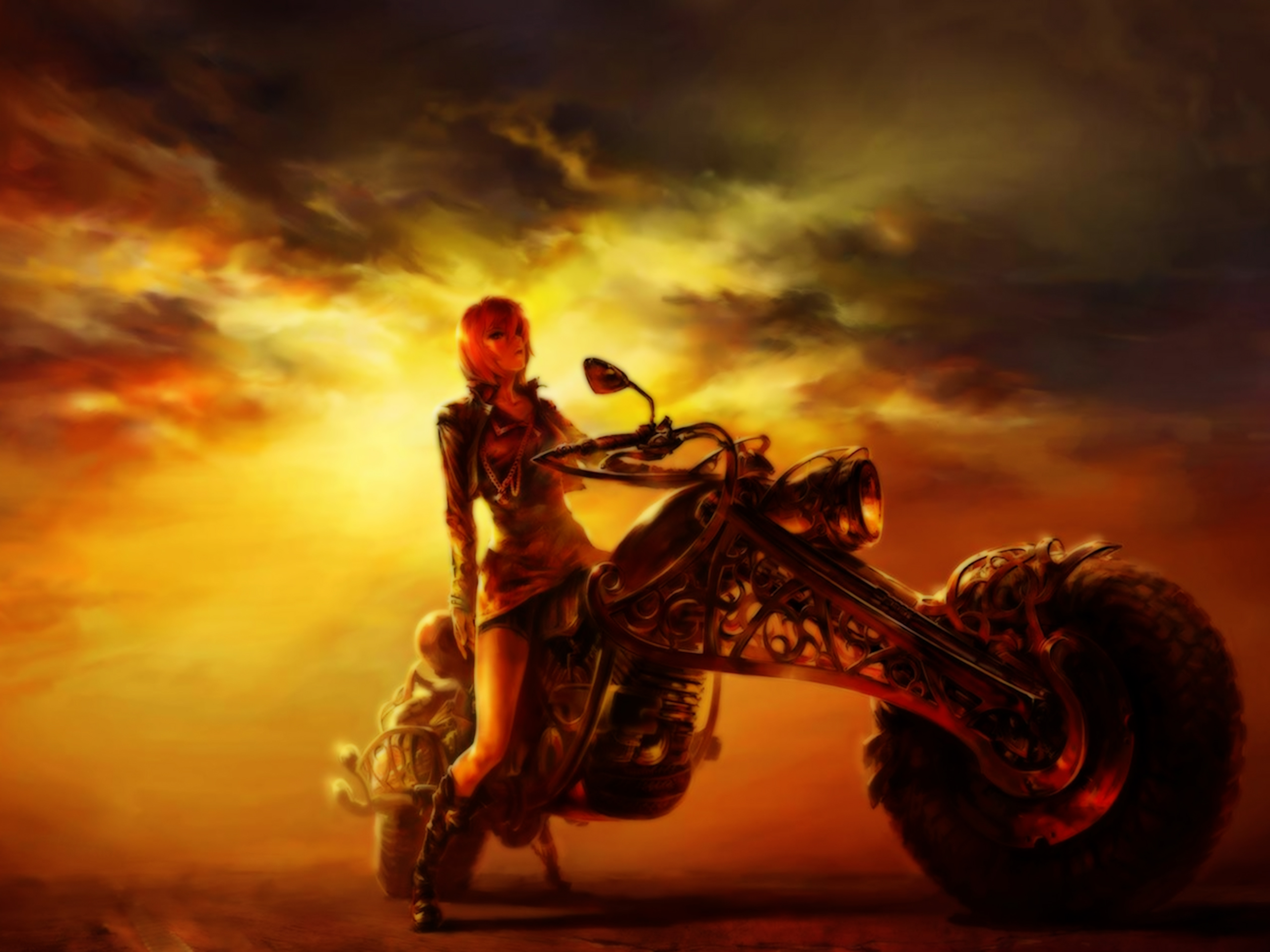 186068 завантажити картинку фантазія, жінки, мотоцикл, помаранчевий колір), небо - шпалери і заставки безкоштовно