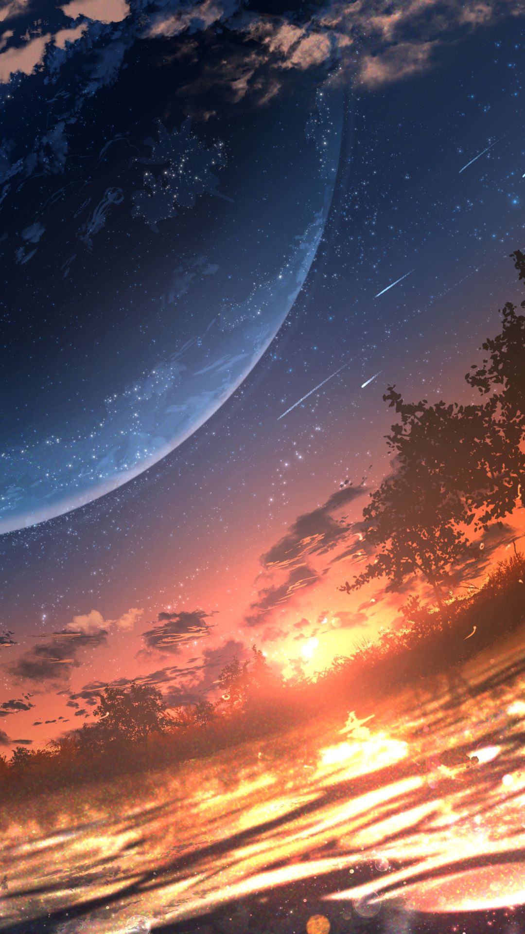 Download mobile wallpaper Anime, Sunset, Lake, Starry Sky, Planet, Shooting Star for free.