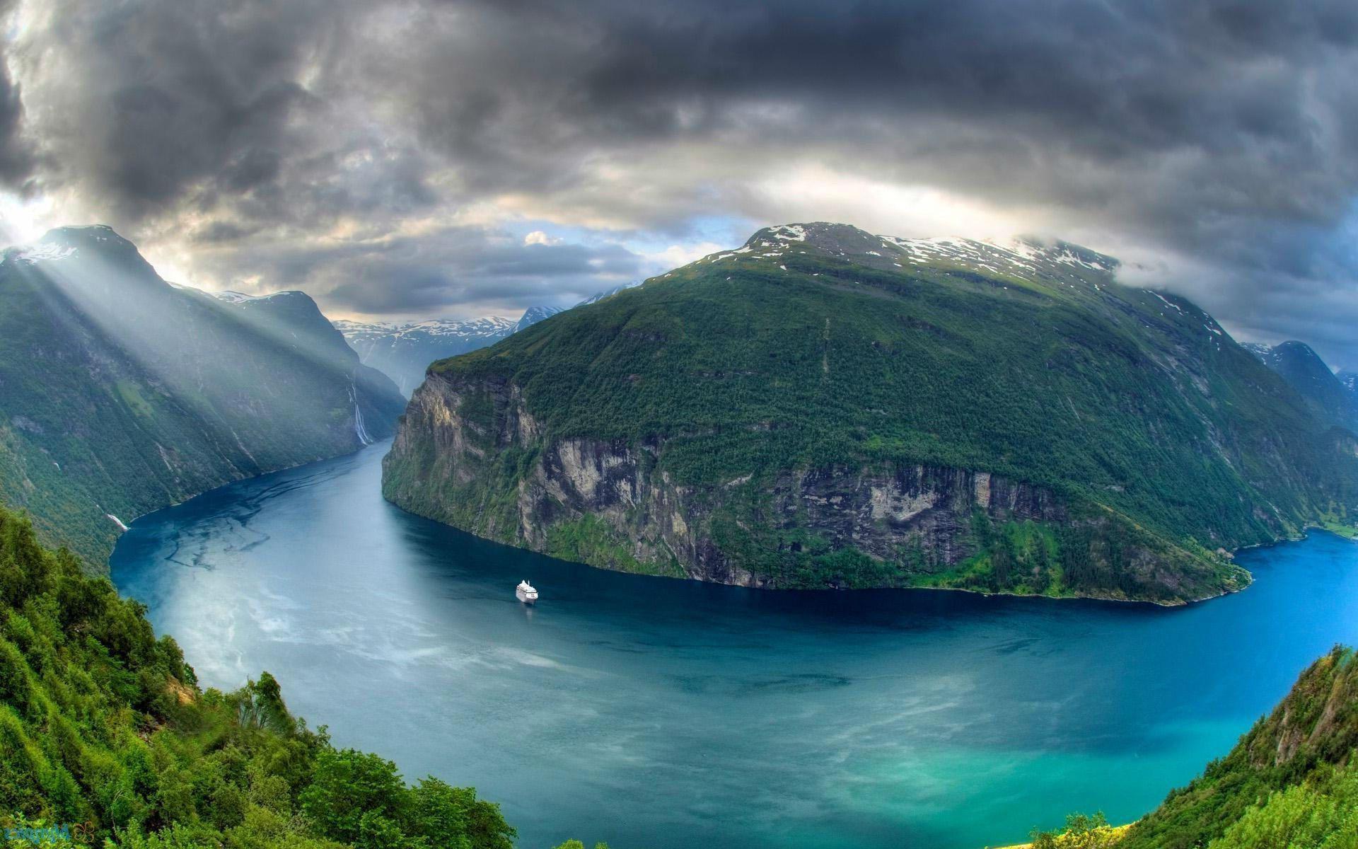 earth, fjord, cloud, lake, landscape, mountain, nature, norway, river, sunshine High Definition image