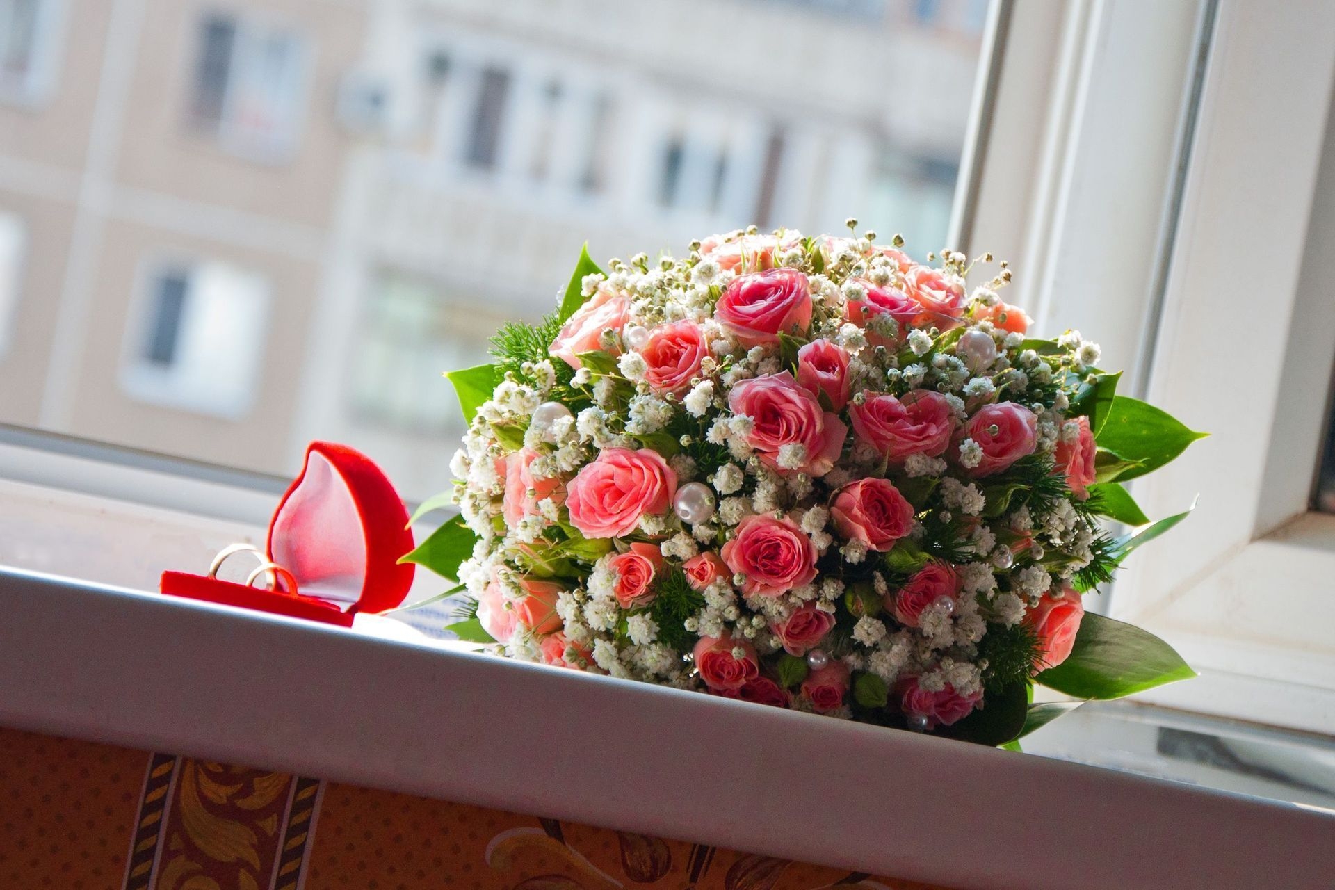 happiness, window, roses, wedding, flowers, rings, pearls, bouquet, ball