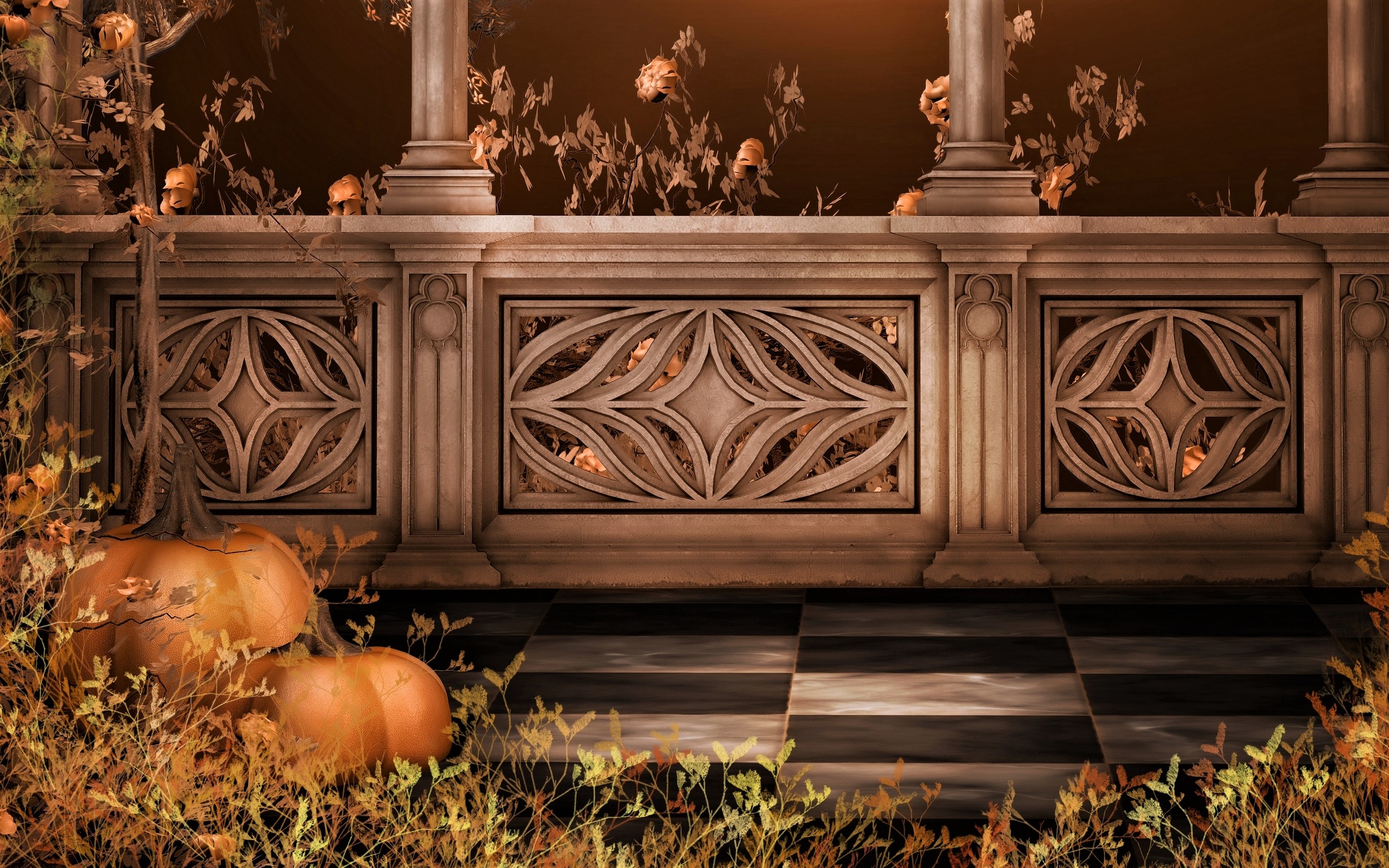 Free download wallpaper Pumpkin, Leaf, Fall, Artistic, Columns, Terrace on your PC desktop