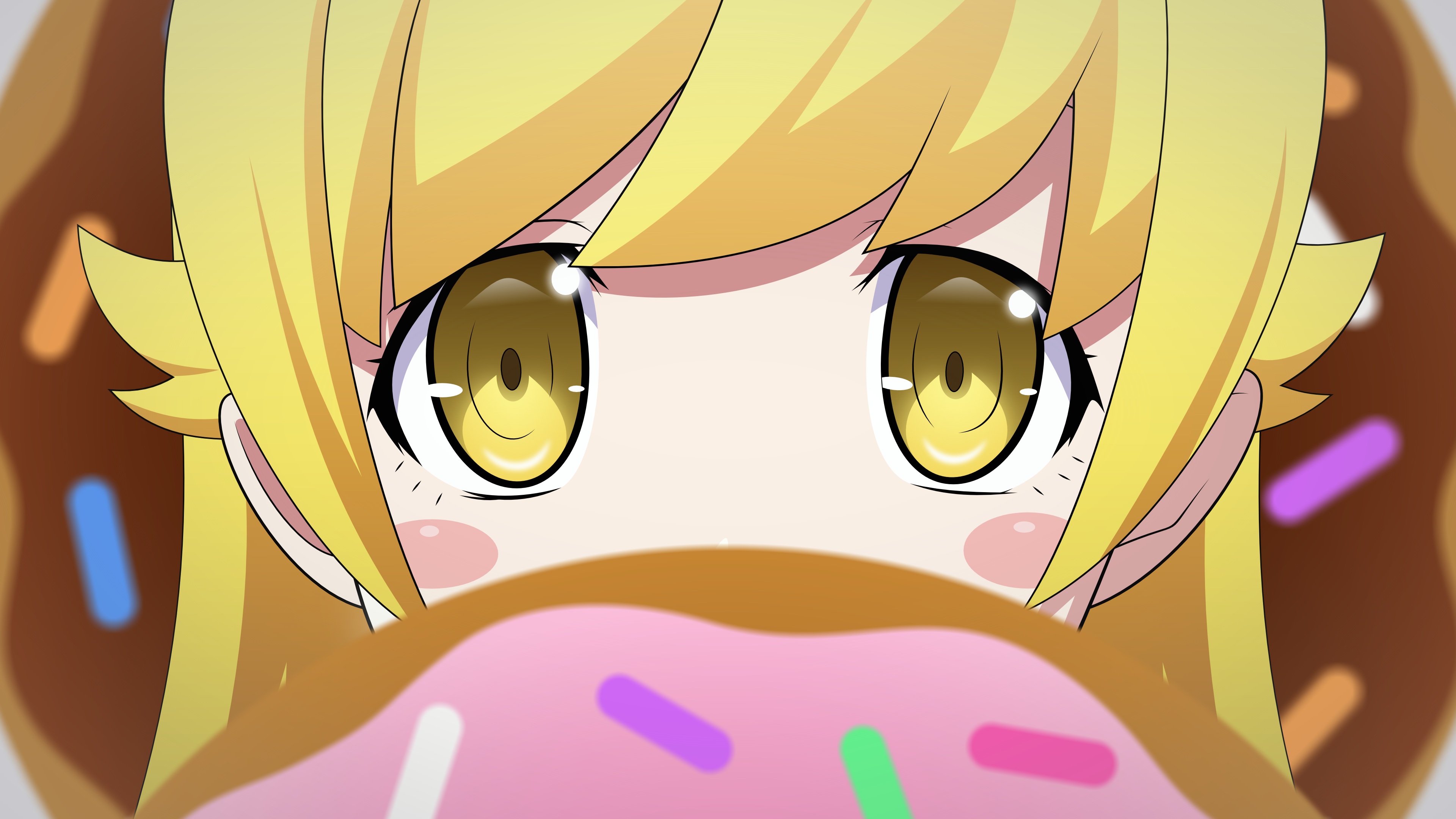 monogatari (series), anime, bakemonogatari, blonde, blush, doughnut, shinobu oshino, yellow eyes Full HD