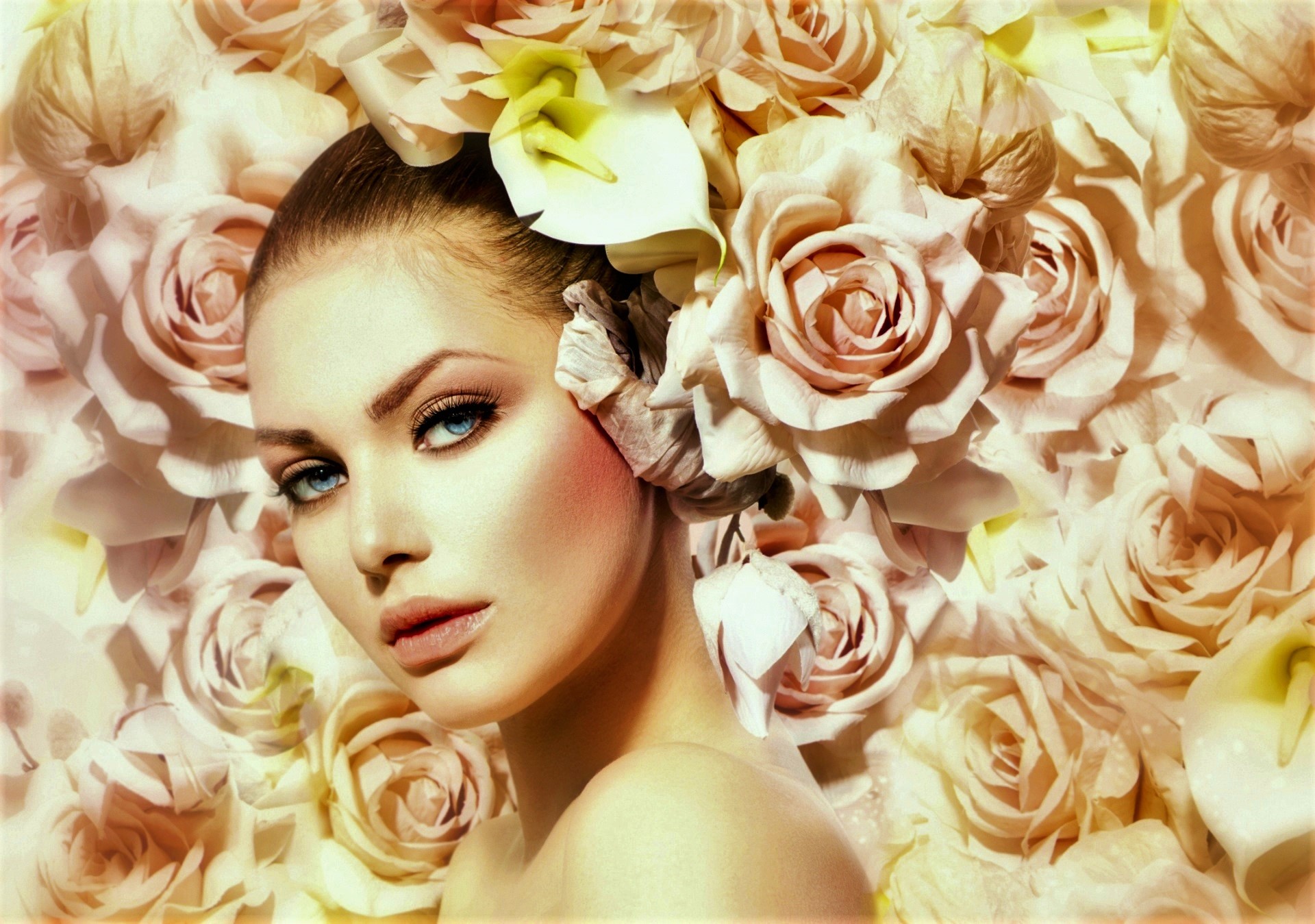 women, face, blue eyes, flower, head, peach flower, rose