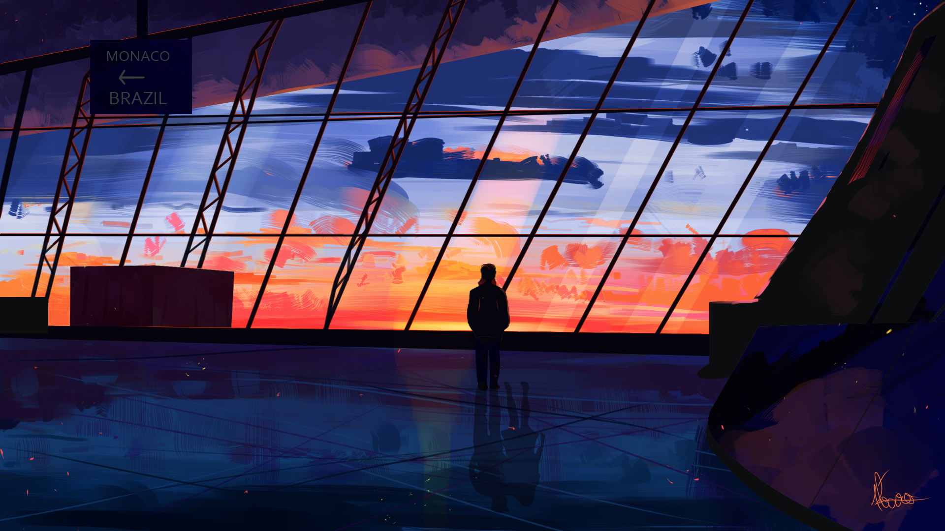 Аниме аэропорт на фоне заката