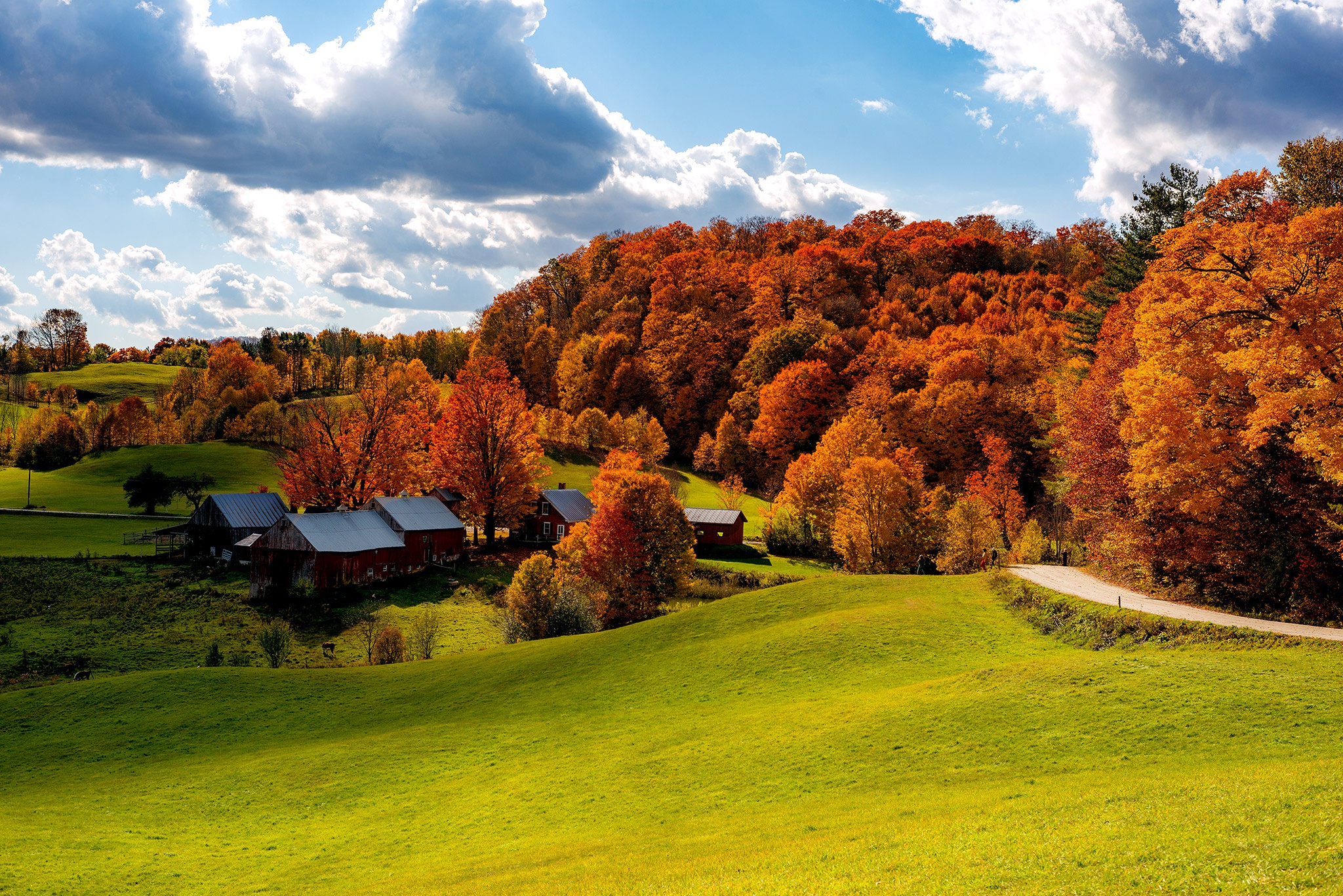 Free download wallpaper Sky, Sun, Usa, Road, Forest, Fall, House, Field, Cloud, Photography, Vermont on your PC desktop