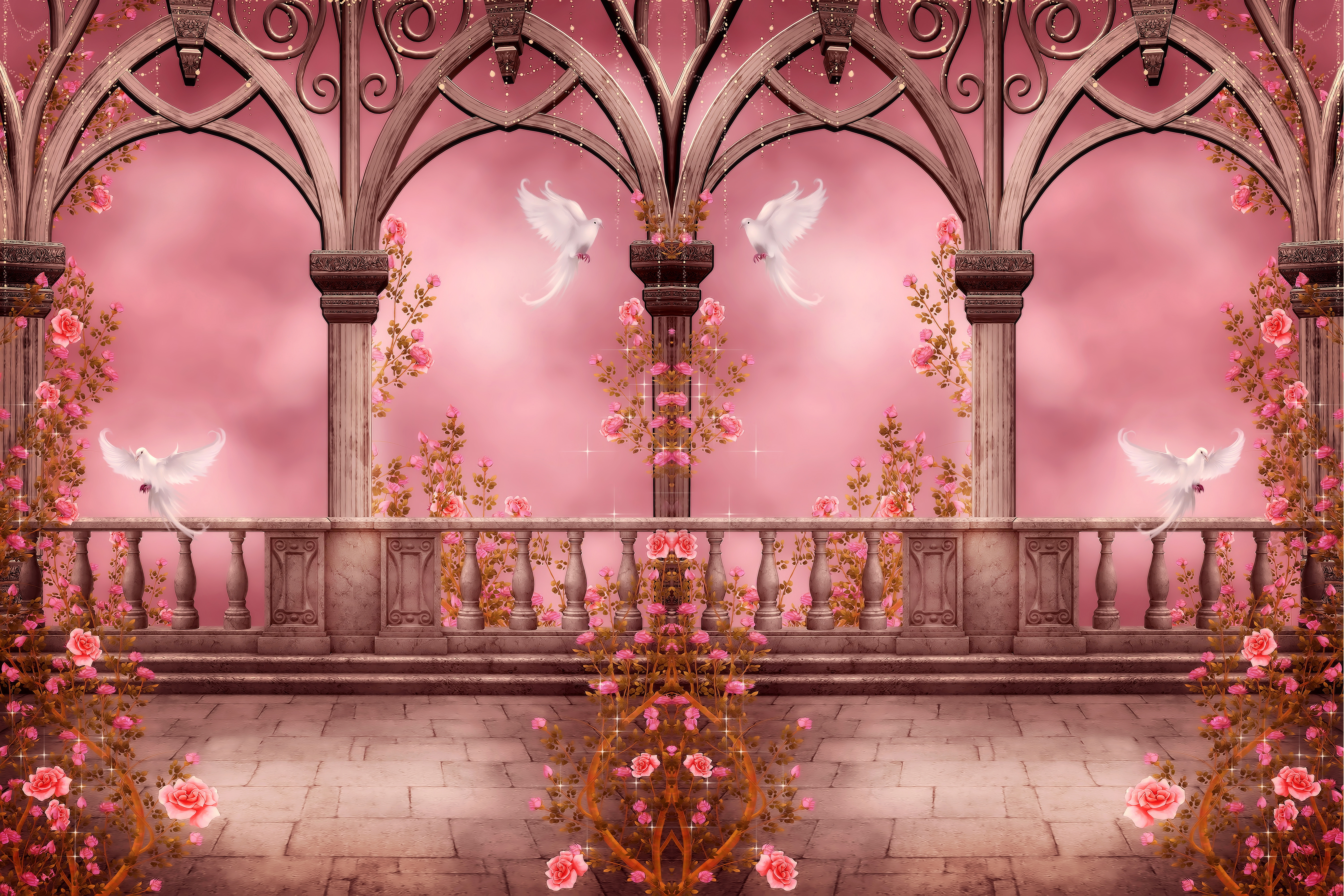 rose, pink, pink rose, artistic, arch, columns, dove, fantasy, gothic