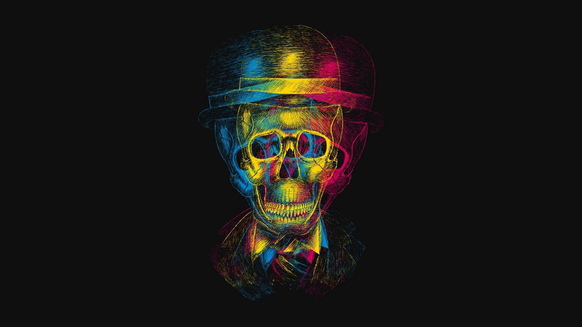 skull, hat, picture, 3d, drawing, anaglyph