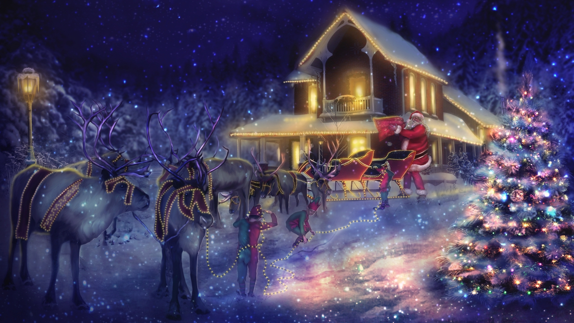reindeer, christmas, christmas lights, holiday, christmas tree, santa, sleigh