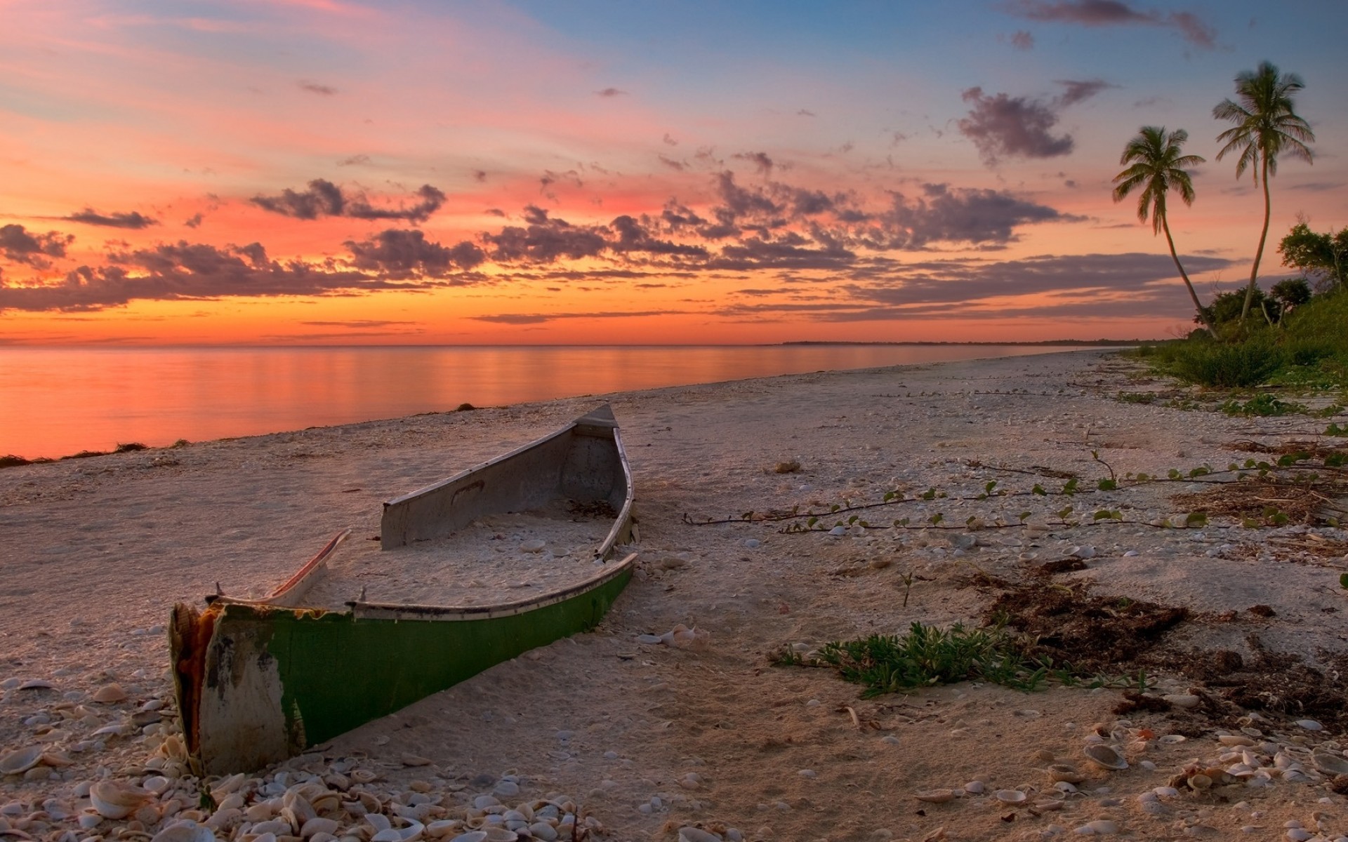 Free download wallpaper Sunset, Sky, Beach, Boat, Wreck, Vehicles on your PC desktop