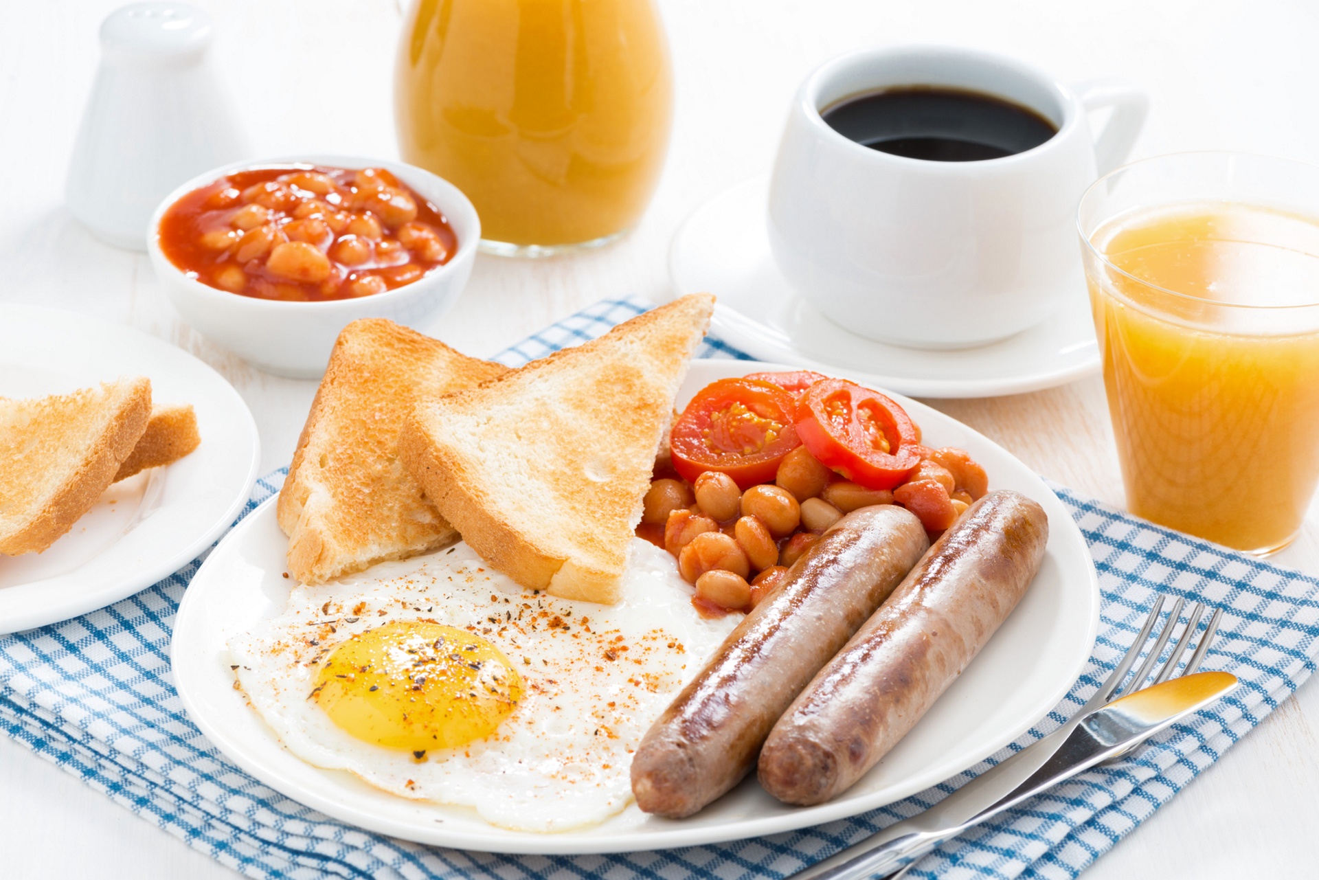 food, breakfast, coffee, cup, egg, jam, juice, sausage, toast cellphone