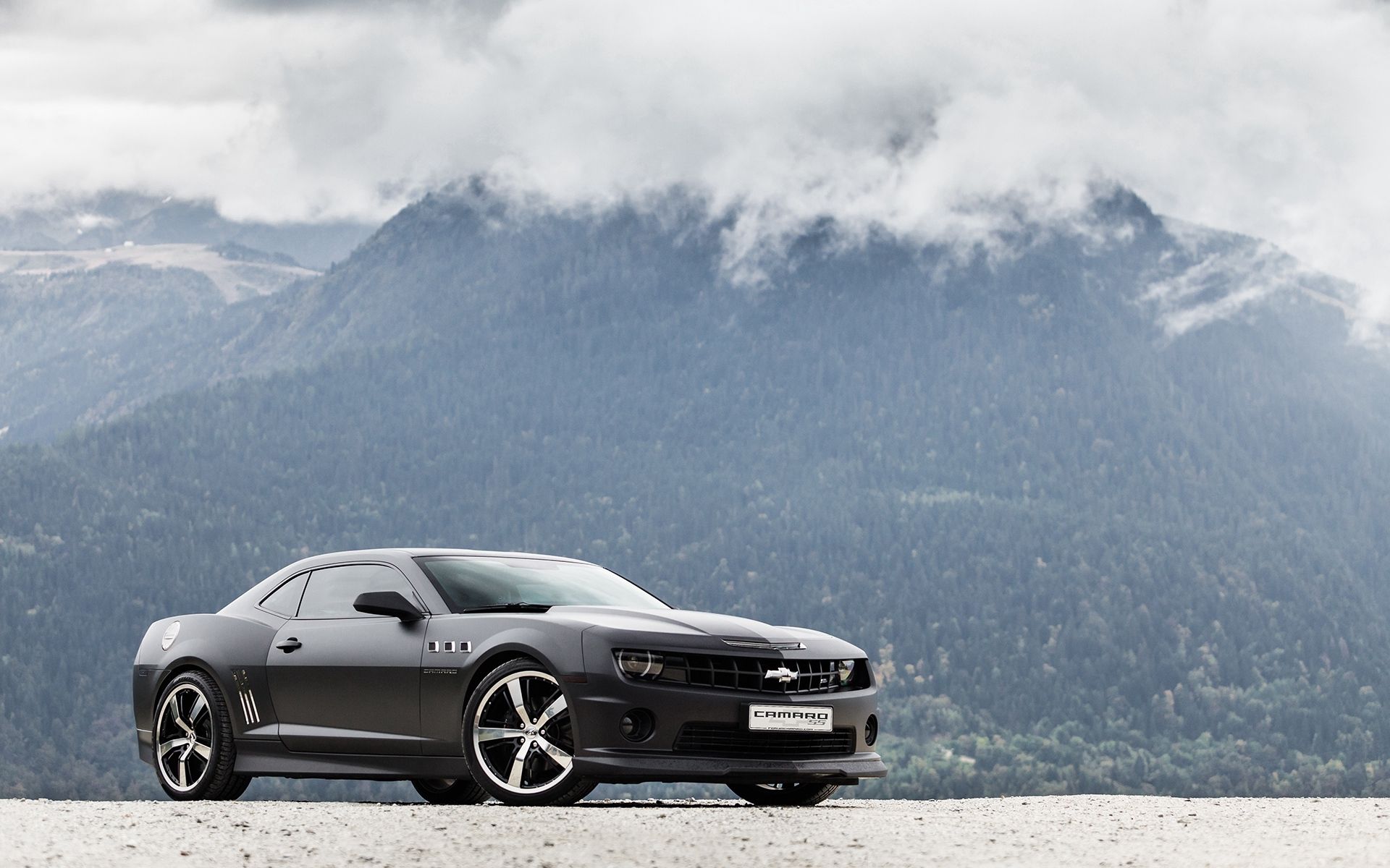 mountains, chevrolet, cars, black, side view, camaro ss cellphone