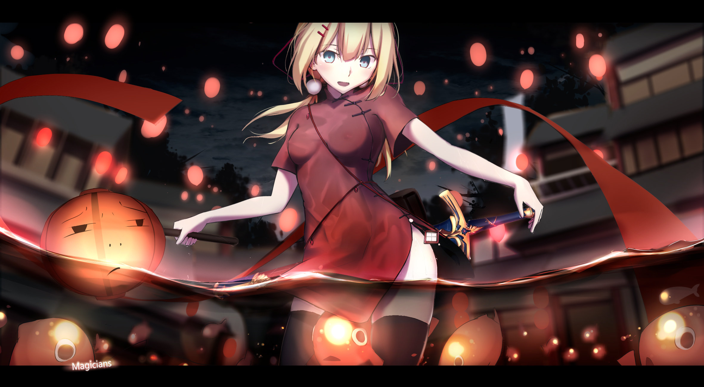 HD wallpaper anime, fate/stay night, blonde, blue eyes, blush, chinese dress, dress, fate (series), lantern, long hair, night, red dress, saber (fate series), smile, sword, thigh highs, weapon, fate series