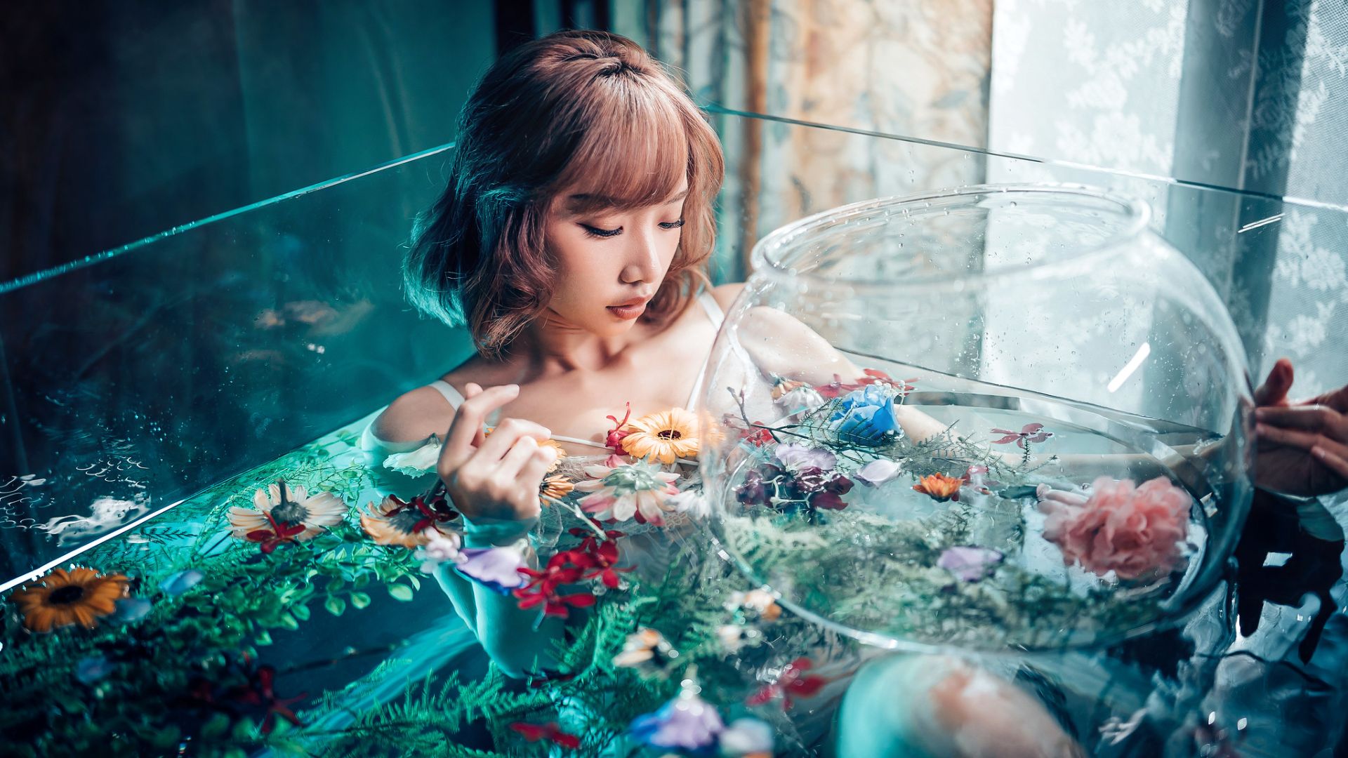 women, asian, aquarium, flower, model, water mobile wallpaper