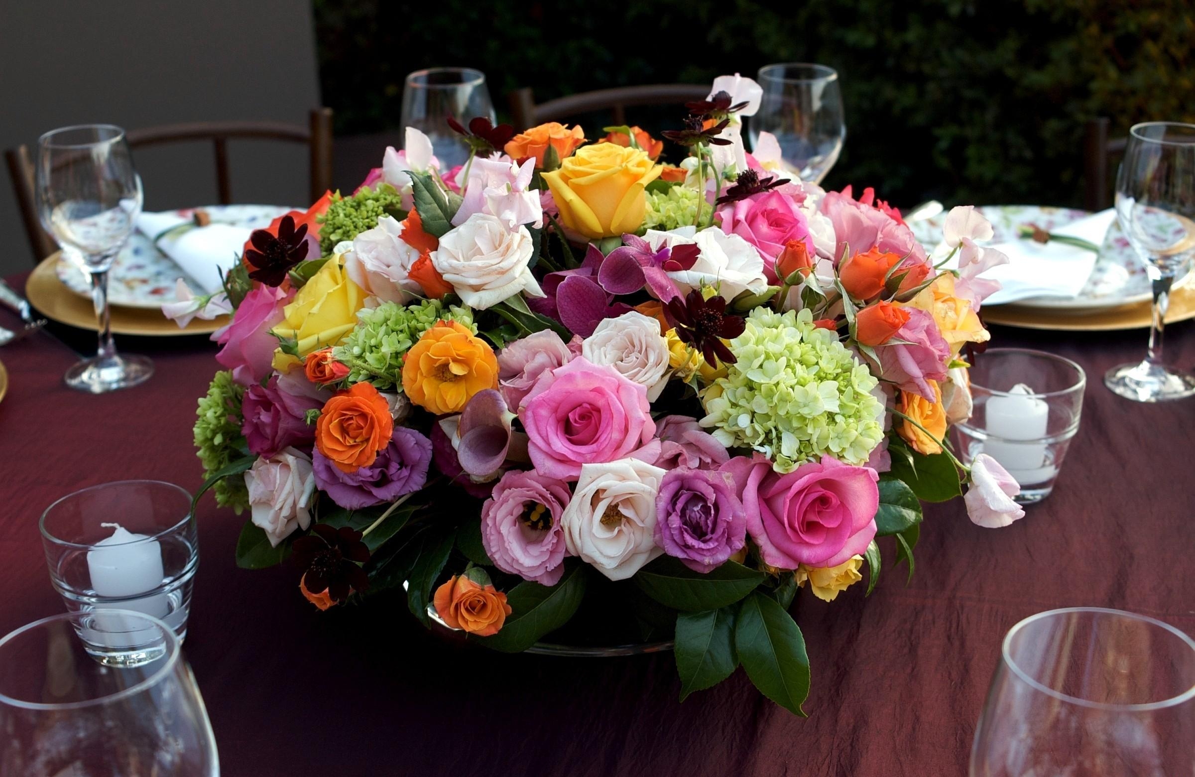 roses, flowers, candles, bouquet, table, composition, hydrangea, serving, lisianthus russell, lisiantus russell