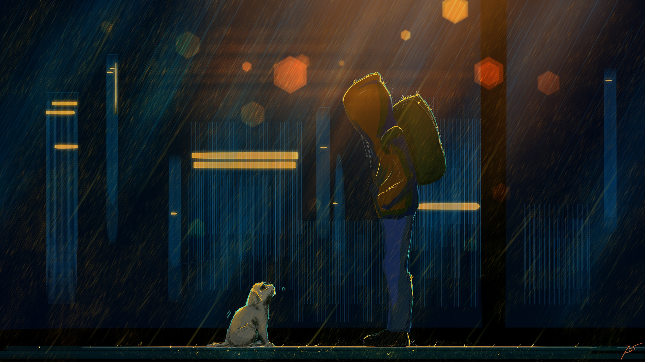 rain, artistic, human, backpack, dog