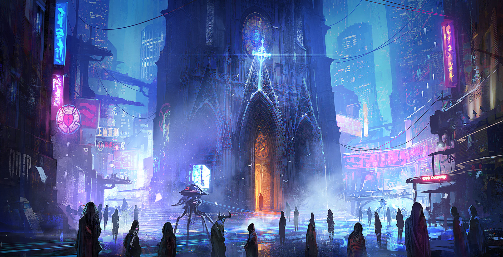 cyberpunk cityscape, sci fi, city, building, cathedral, crowd, futuristic, light, night, robot