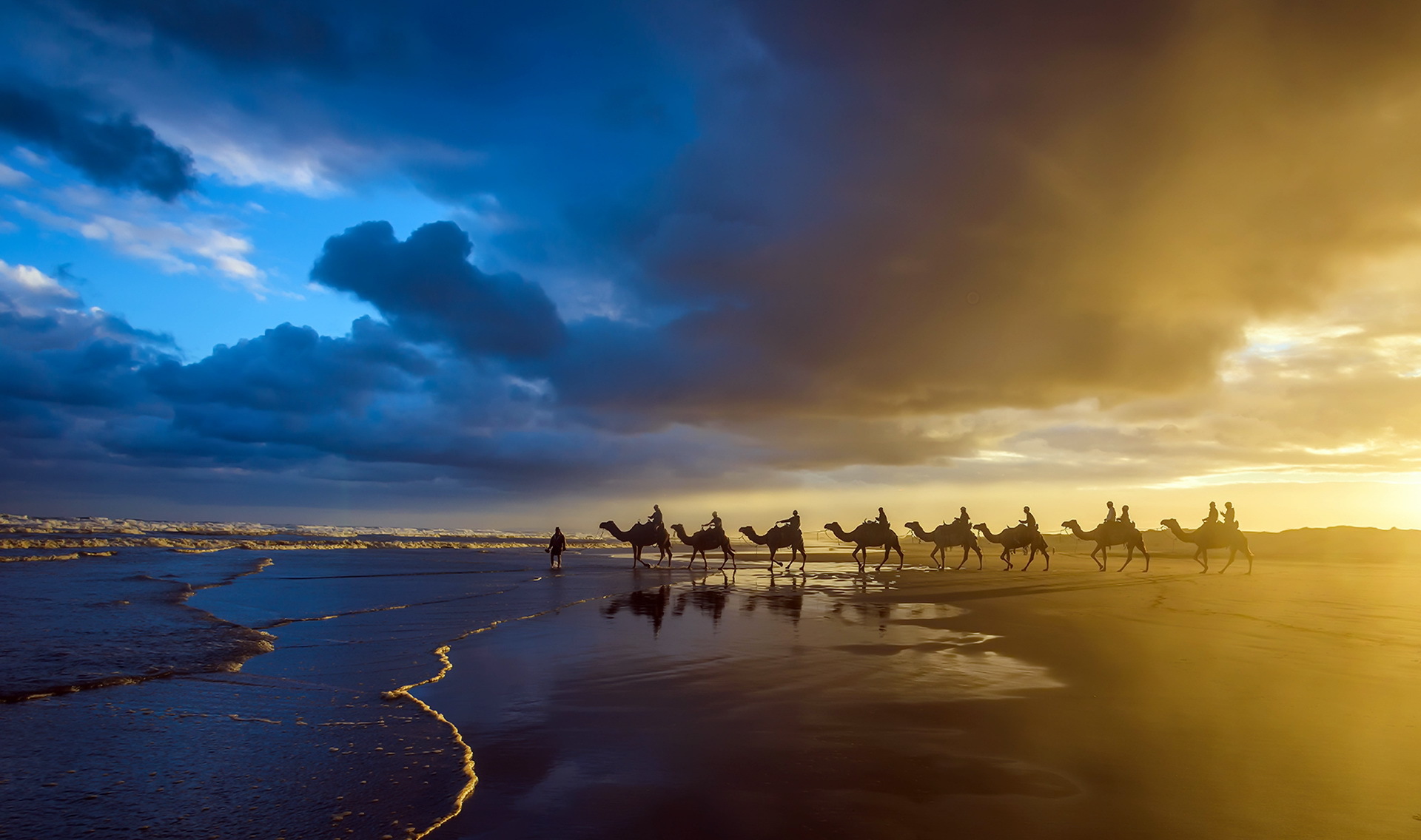 758207 скачать обои верблюды, фотографии, караван, пляж, облака, песок - заставки и картинки бесплатно