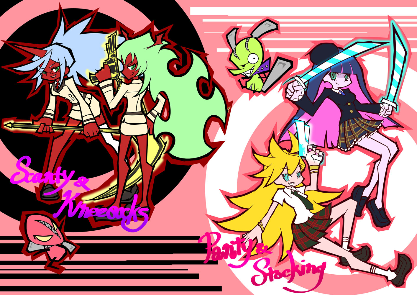 vertical wallpaper anime, panty & stocking with garterbelt, chuck (panty & stocking with garterbelt), fastener (panty & stocking with garterbelt), kneesocks daemon, panty anarchy, scanty daemon, stocking anarchy