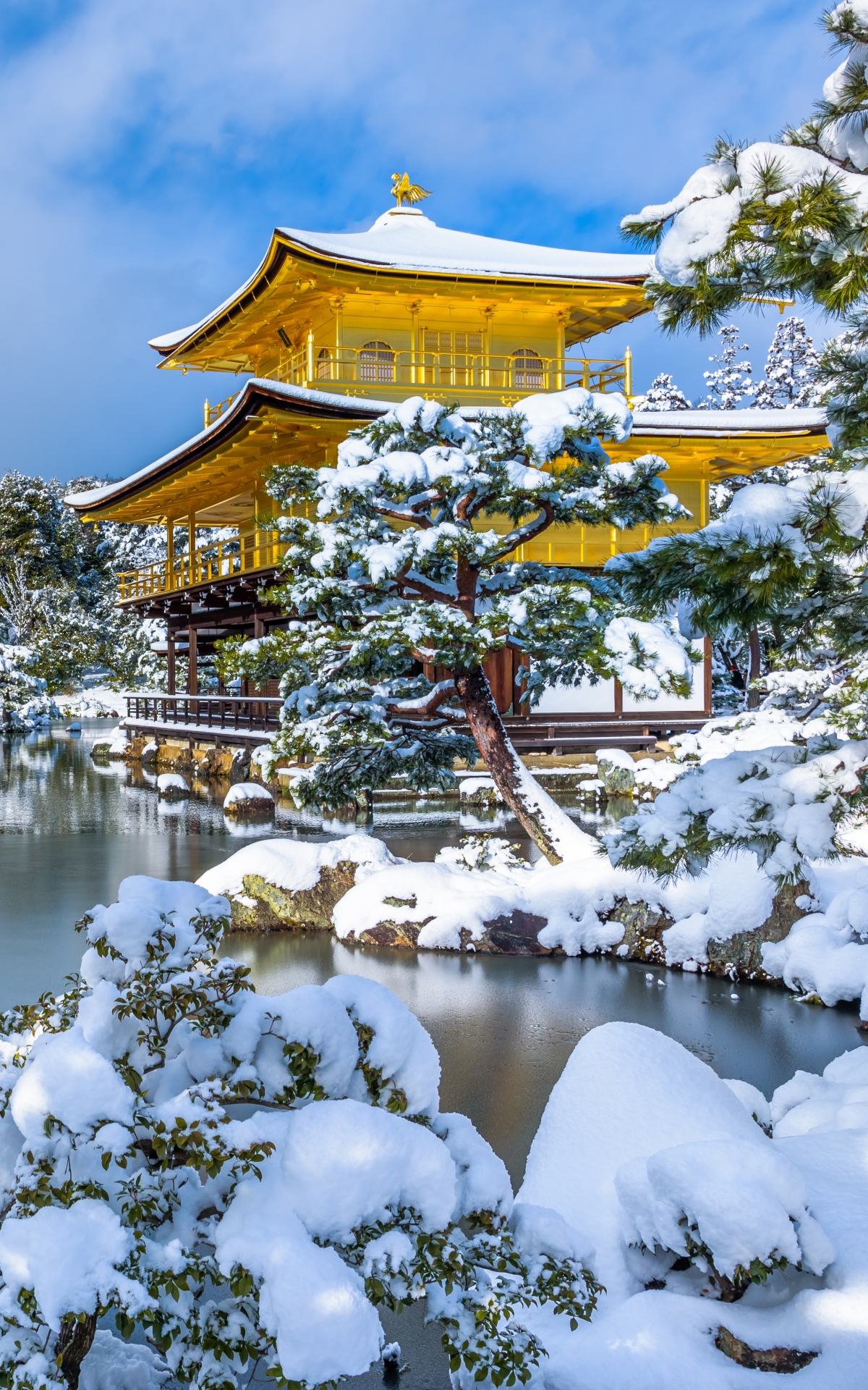 Download mobile wallpaper Winter, Snow, Lake, Pagoda, Japan, Religious for free.