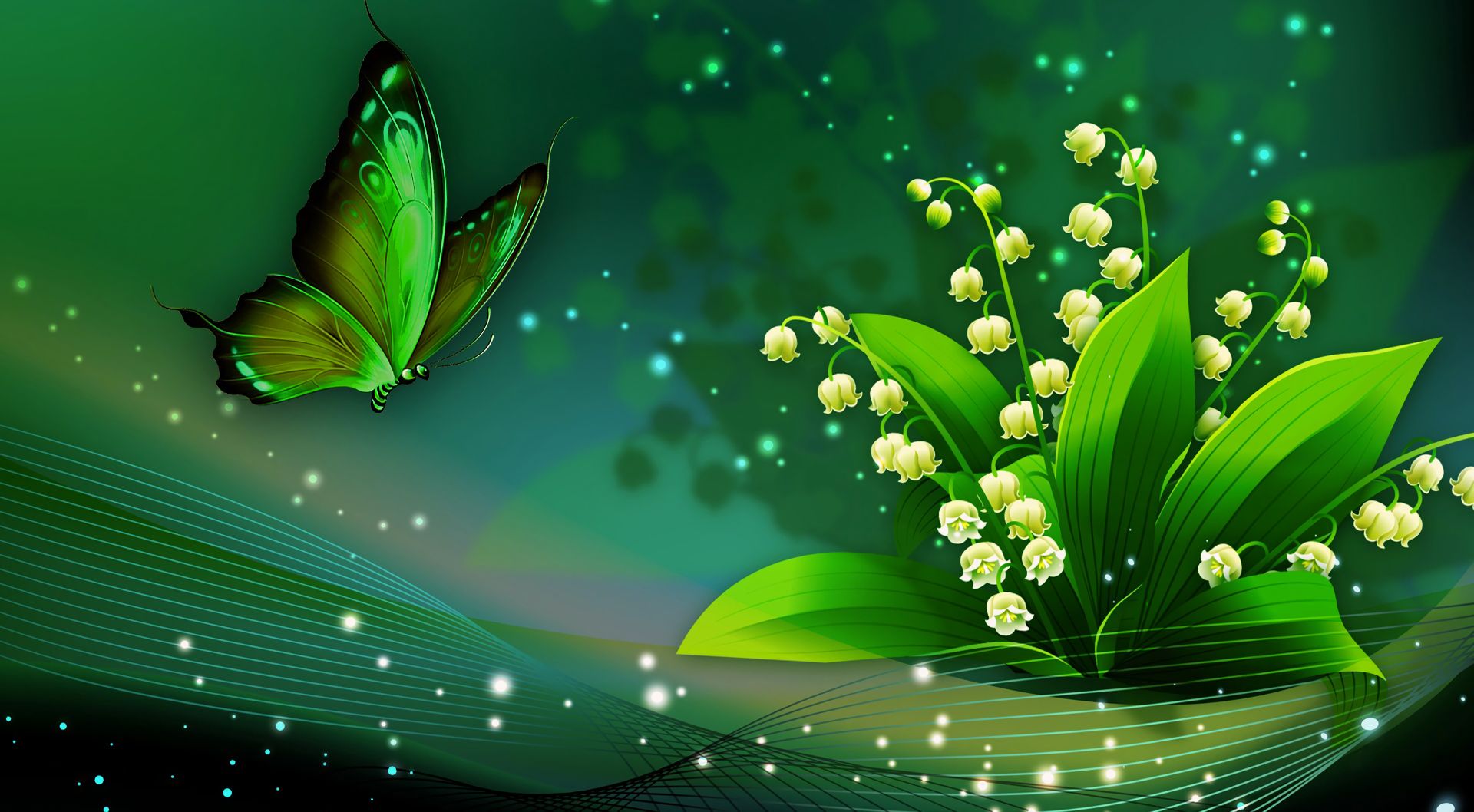 lily of the valley, artistic, flower, butterfly, green, flowers
