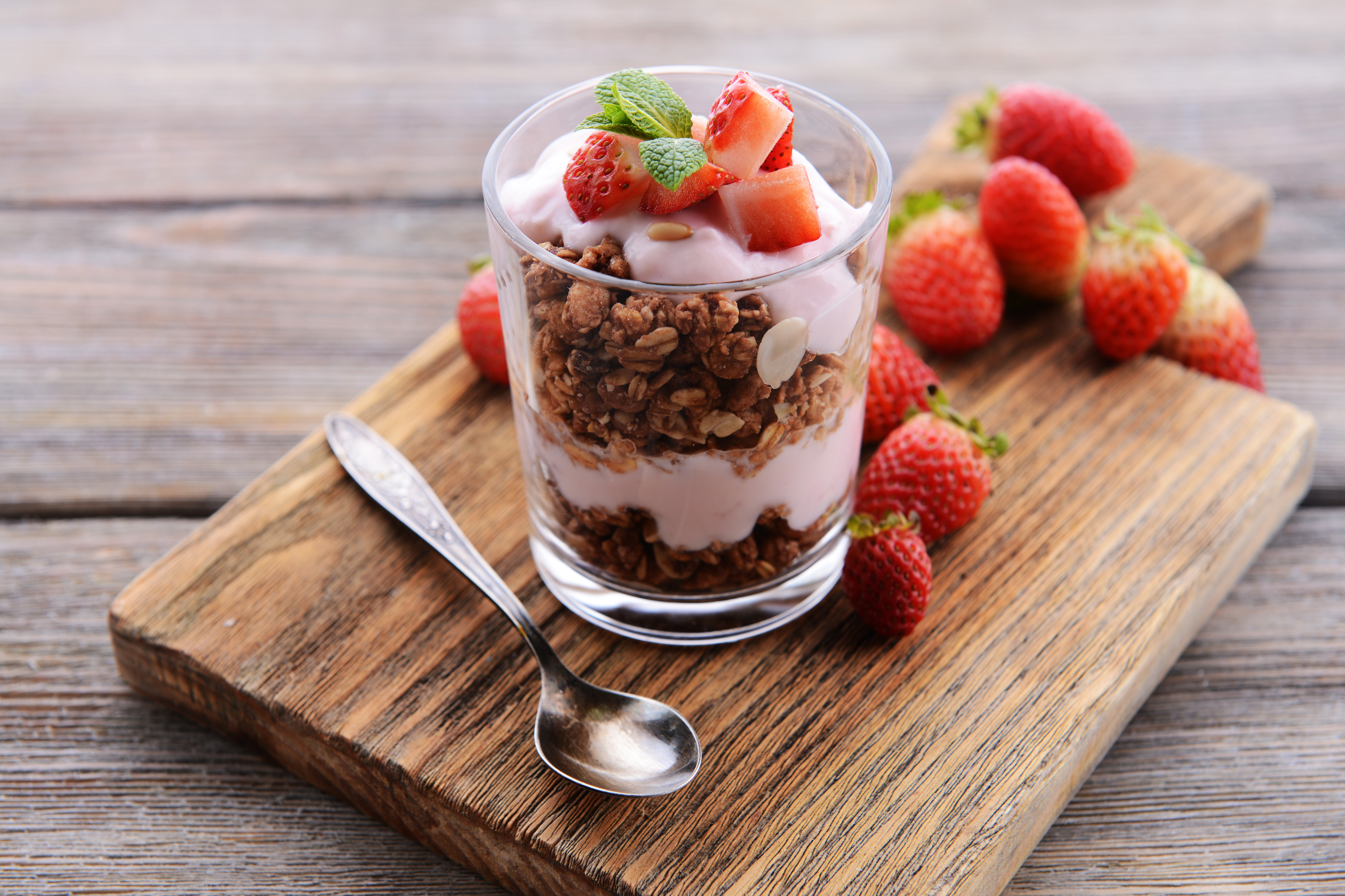 yogurt, food, dessert, berry, muesli, strawberry Full HD