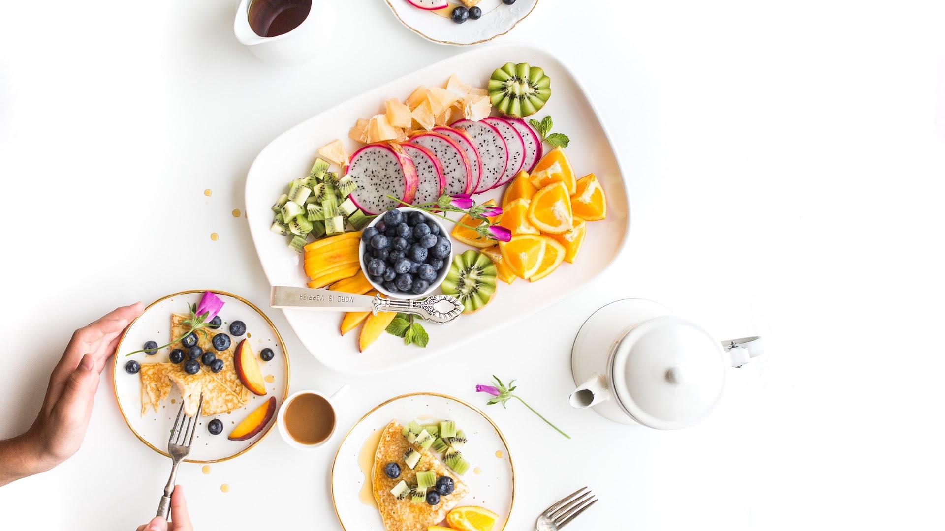 food, breakfast, blueberry, crêpe, fruit, kiwi, pitaya phone wallpaper