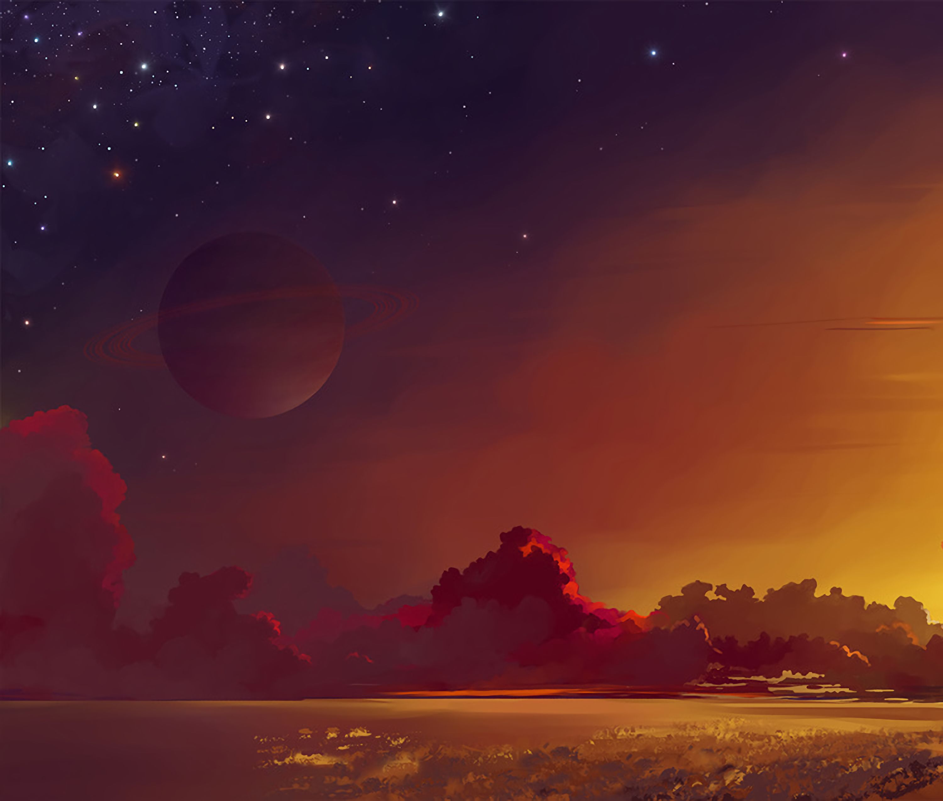 Laden Sie das Horizont, Clouds, Saturn, Planeten, Kunst, Planet-Bild kostenlos auf Ihren PC-Desktop herunter