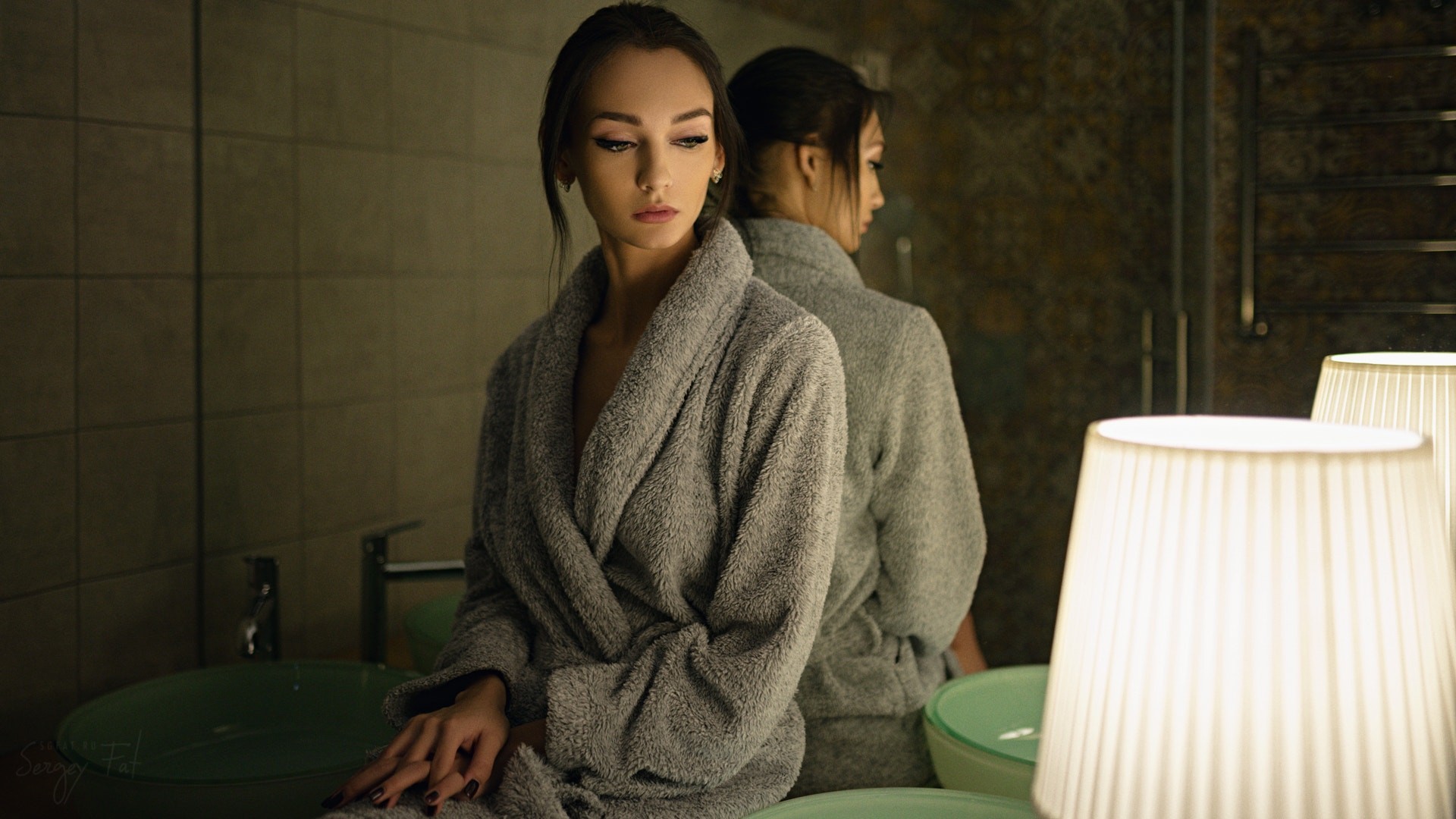 women, model, bathroom, brunette, mirror, reflection HD wallpaper