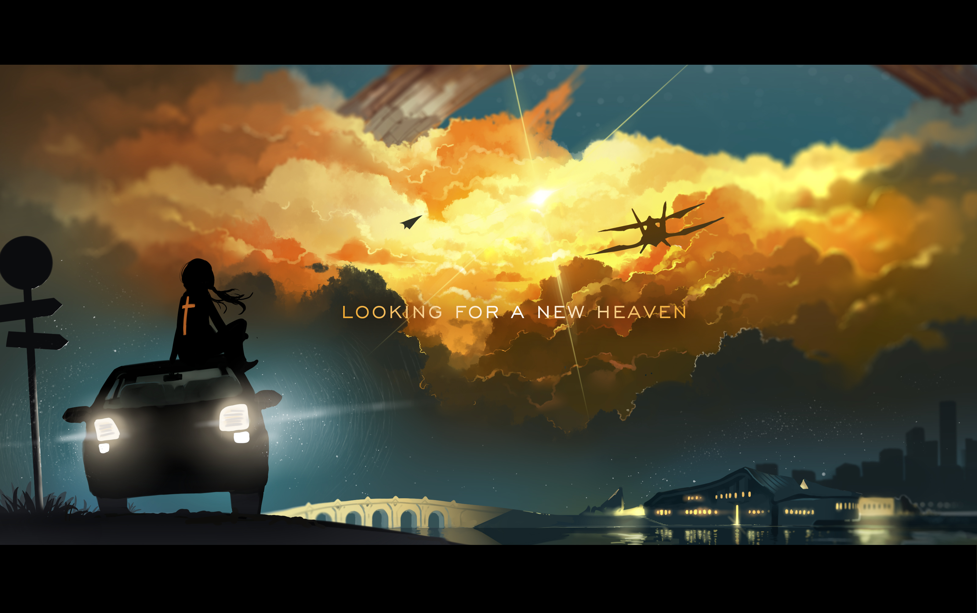 anime, original, airplane, cloud, light, paper plane, sunset
