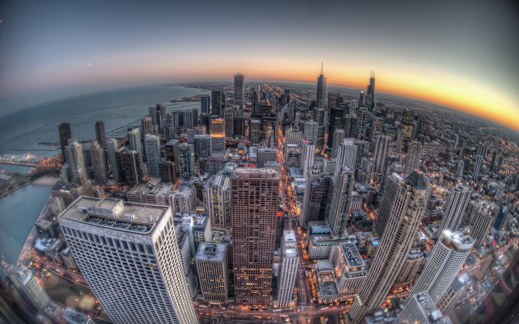 chicago, building, cities, sunset, skyscrapers, fish eye High Definition image